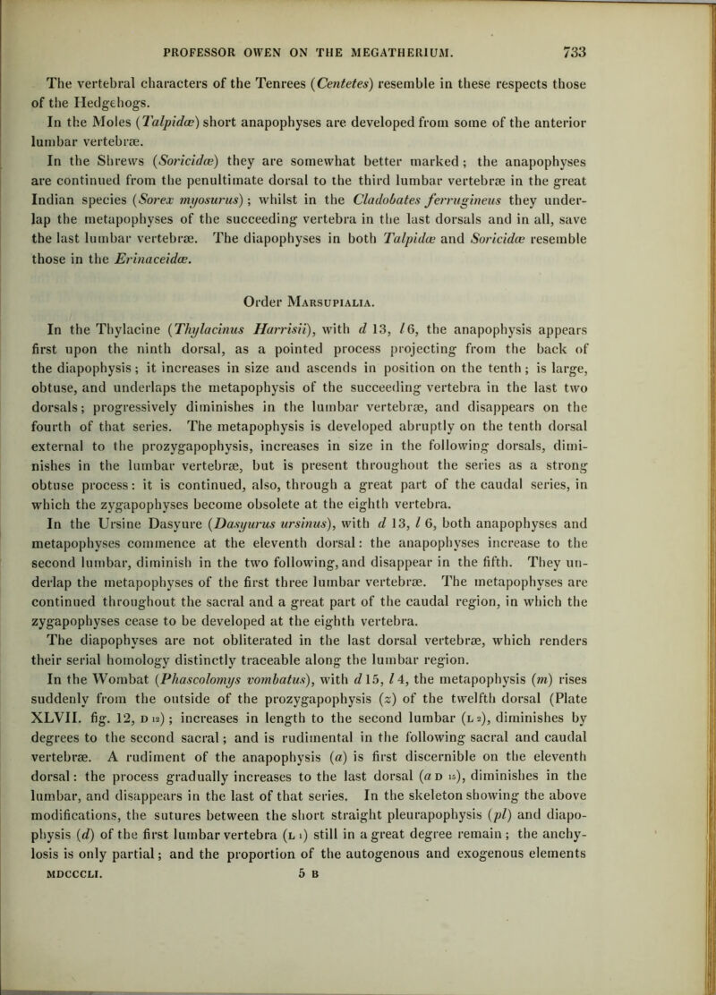 ~ The vertebral characters of the Tenrees (Centetes) resemble in these respects those of the Hedgehogs. In the Moles (Talpidce) short anapophyses are developed from some of the anterior lumbar vertebrae. In the Shrews (Soricidce) they are somewhat better marked ; the anapophyses are continued from the penultimate dorsal to the third lumbar vertebrae in the great Indian species (Sore.x myosurus); whilst in the Claclobates ferrugineus they under- lap the metapophyses of the succeeding vertebra in the last dorsals and in all, save the last lumbar vertebrae. The diapophyses in both Talpidce and Soricidce resemble those in the Erinaceidce. Order Marsupialia. In the Thylacine (Thylacinus Harrisii), with d 13, /6, the anapophysis appears first upon the ninth dorsal, as a pointed process projecting from the back of the diapophysis; it increases in size and ascends in position on the tenth ; is large, obtuse, and underlaps the metapophysis of the succeeding vertebra in the last two dorsals; progressively diminishes in the lumbar vertebrae, and disappears on the fourth of that series. The metapophysis is developed abruptly on the tenth dorsal external to the prozygapophysis, increases in size in the following dorsals, dimi- nishes in the lumbar vertebrae, but is present throughout the series as a strong obtuse process: it is continued, also, through a great part of the caudal series, in which the zygapophyses become obsolete at the eighth vertebra. In the Ursine Dasyure (Dasyurus ursinus), with d 13, / 6, both anapophyses and metapophyses commence at the eleventh dorsal: the anapophyses increase to the second lumbar, diminish in the two following, and disappear in the fifth. They un- derlap the metapophyses of the first three lumbar vertebrae. The metapophyses are continued throughout the sacral and a great part of the caudal region, in which the zygapophyses cease to be developed at the eighth vertebra. The diapophvses are not obliterated in the last dorsal vertebrae, which renders their serial homology distinctly traceable along the lumbar region. In the Wombat (Phascolomys vombatus), with d 15, 14, the metapophysis (m) rises suddenly from the outside of the prozygapophysis (z) of the twelfth dorsal (Plate XLVII. fig. 12, d 12); increases in length to the second lumbar (12), diminishes by degrees to the second sacral; and is rudimental in the following sacral and caudal vertebrae. A rudiment of the anapophysis (a) is first discernible on the eleventh dorsal: the process gradually increases to the last dorsal (ad 15), diminishes in the lumbar, and disappears in the last of that series. In the skeleton showing the above modifications, the sutures between the short straight pleurapophysis (pi) and diapo- physis (d) of the first lumbar vertebra (l 1) still in a great degree remain ; the anchy- losis is only partial; and the proportion of the autogenous and exogenous elements 5 B MDCCCLI.