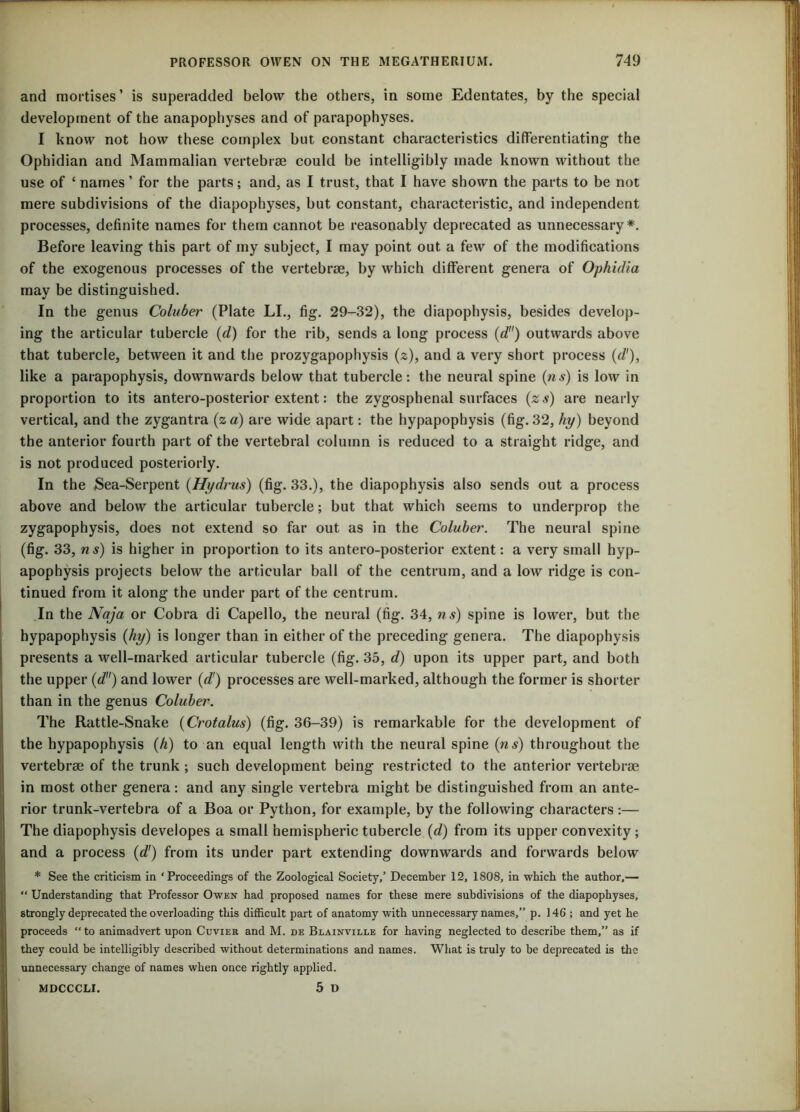 and mortises’ is superadded below the others, in some Edentates, by the special development of the anapophyses and of parapophyses. I know not how these complex hut constant characteristics differentiating- the Ophidian and Mammalian vertebrae could be intelligibly made known without the use of ‘ names ’ for the parts; and, as I trust, that I have shown the parts to be not mere subdivisions of the diapophyses, hut constant, characteristic, and independent processes, definite names for them cannot be reasonably deprecated as unnecessary*. Before leaving this part of my subject, I may point out a few of the modifications of the exogenous processes of the vertebrae, by which different genera of Ophidia may be distinguished. In the genus Coluber (Plate LI., fig. 29-32), the diapophysis, besides develop- ing the articular tubercle (d) for the rib, sends a long process (d) outwards above that tubercle, between it and the prozygapophysis (z), and a very short process (d), like a parapophysis, downwards below that tubercle: the neural spine (ns) is low in proportion to its antero-posterior extent: the zygosphenal surfaces (zs) are nearly vertical, and the zygantra (z a) are wide apart: the hypapophysis (fig. 32, hy) beyond the anterior fourth part of the vertebral column is reduced to a straight ridge, and is not produced posteriorly. In the Sea-Serpent (Hydrus) (fig. 33.), the diapophysis also sends out a process above and below the articular tubercle; but that which seems to underprop the zygapophysis, does not extend so far out as in the Coluber. The neural spine (fig. 33, n s) is higher in proportion to its antero-posterior extent: a very small hyp- apophysis projects below the articular ball of tbe centrum, and a low ridge is con- tinued from it along the under part of the centrum. In the Naja or Cobra di Capello, the neural (fig. 34, ns) spine is lower, but the hypapophysis (hy) is longer than in either of the preceding genera. The diapophysis presents a well-marked articular tubercle (fig. 35, d) upon its upper part, and both the upper (d) and lower (d') processes are well-marked, although the former is shorter than in the genus Coluber. The Rattle-Snake (Crotalus) (fig. 36-39) is remarkable for the development of the hypapophysis (h) to an equal length with the neural spine (ns) throughout the vertebrae of the trunk ; such development being restricted to the anterior vertebrae in most other genera: and any single vertebra might be distinguished from an ante- rior trunk-vertebra of a Boa or Python, for example, by the following characters:— The diapophysis developes a small hemispheric tubercle (d) from its upper convexity ; and a process (d) from its under part extending downwards and forwards below * See the criticism in ‘Proceedings of the Zoological Society,’ December 12, 1808, in which the author,— “ Understanding that Professor Owen had proposed names for these mere subdivisions of the diapophyses, strongly deprecated the overloading this difficult part of anatomy with unnecessary names,” p. 146 ; and yet he proceeds “ to animadvert upon Cuvier and M. de Blainville for having neglected to describe them,” as if they could be intelligibly described without determinations and names. What is truly to be deprecated is the unnecessary change of names when once rightly applied. MDCCCLI. 5 D