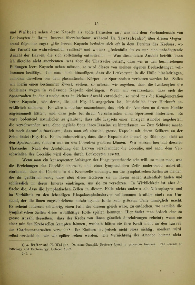 und Walker1) sehen diese Kapseln als todte Parasiten an, was mit dem Vorhandensein von Leukocyten in ihrem Inneren übereinstimmt, während Dr. Sawtschenko2) über diesen Gegen- stand folgendes sagt: „Die leeren Kapseln beiinden sich oft in dem Detritus des Krebses, wo der Parasit sie wahrscheinlich verlässt“ und weiter: „Jedenfalls ist es nur eine unbedeutende Anzahl der Larven, die sich vollständig entwickeln“. — Was diese letzte Ansicht betrifft, kann ich dieselbe nicht anerkennen, was aber die Thatsaclie betrifft, dass wir in den beschriebenen Bildungen leere Kapseln sehen müssen, so wird dieses von meinen eigenen Beobachtungen voll- kommen bestätigt. Ich muss noch hinzufügen, dass die Leukocyten in die Hülle hineindringen, nachdem dieselben von dem plasmatischen Körper des Sporozooites verlassen worden ist. Sollen wir hierin einen bestimmten Zweck suchen, so müssen wir zugeben, dass die Leukocyten des Schleimes wegen in verlassene Kapseln eindringen. Wenn wir voraussetzen, dass sich die Sporozooiten in der Arnoebe stets in kleiner Anzahl entwickeln, so wird uns die Konglomeration leerer Kapseln, wie derer, die auf Fig. 26 angegeben ist, hinsichtlich ihrer Herkunft un- erklärlich scheinen. Es wäre sonderbar anzunehmen, dass sich die Amoeben an diesem Punkte angesammelt hätten, und dass jede bei ihrem Verschwinden einen Sporozooit hinterliess. Es wäre bedeutend natürlicher zu glauben, dass alle Kapseln einer einzigen Arnoebe angehörten, die verschwunden war, ohne jegliche Spur ihres Daseins zu hinterlassen. — Zum Schlüsse mache ich noch darauf aufmerksam, dass man oft einzelne grosse Kapseln mit einem Zellkern an der Seite findet (Fig. 49). Es ist unbestreitbar, dass diese Kapseln als entozellige Bildungen nicht zu den Sporozooiten, sondern nur zu den Coccidien gehören können. Wir stossen hier auf dieselbe Thatsaclie: Nach der Ausbildung der Larven verschwindet die Coccidie, und nach dem Ver- schwinden der Coccidie wird diese durch Leukocyten ersetzt. Wenn man ein konsequenter Anhänger der Phagocytentheorie sein will, so muss man, was die Beziehungen der Coccidie einerseits und einer lymphatischen Zelle andererseits anbetrifft, einräumen, dass die Coccidie in die Krebszelle eindringt, um die lymphatischen Zellen zu meiden, die ihr gefährlich sind, dass aber diese letzteren sie in ihrem neuen Aufenthalt finden und schliesslich in deren Inneres eindringen, um sie zu verzehren. In Wirklichkeit ist aber die Sache die, dass die lymphatischen Zellen in diesem Falle nichts anderes als Nekrophagen und im Verhältnis zu den lebendigen Rhopalocephaluslarven vollkommen kraftlos sind: ein Um- stand, der die ihnen zugeschriebene nutzbringende Rolle zum grössten Teile unmöglich macht. Es scheint indessen schwierig, einen Fall, der diesem gleich wäre, zu entdecken, wo nämlich die lymphatischen Zellen diese wohlthätige Rolle spielen könnten. Hier findet man jedoch eine so grosse Anzahl derselben, dass der Krebs von ihnen gänzlich durchdrungen scheint; wenn sie nicht mit den Krebszellen kämpfen können, weshalb hätten sie ihre Kraft nicht an den Larven des Carcinomaparasiten versucht? Ihr Einfluss ist jedoch nicht bloss nichtig, sondern wird selbst verderblich, wie wir später sehen werden. Die Vernichtung der Arnoebe hemmt nicht 1) A. Ruff er and H. Walker, On some Parasitic Protozoa found in cancerous tumours. The Journal of Pathology and Bacteriology, October 1892. 2) 1. c.