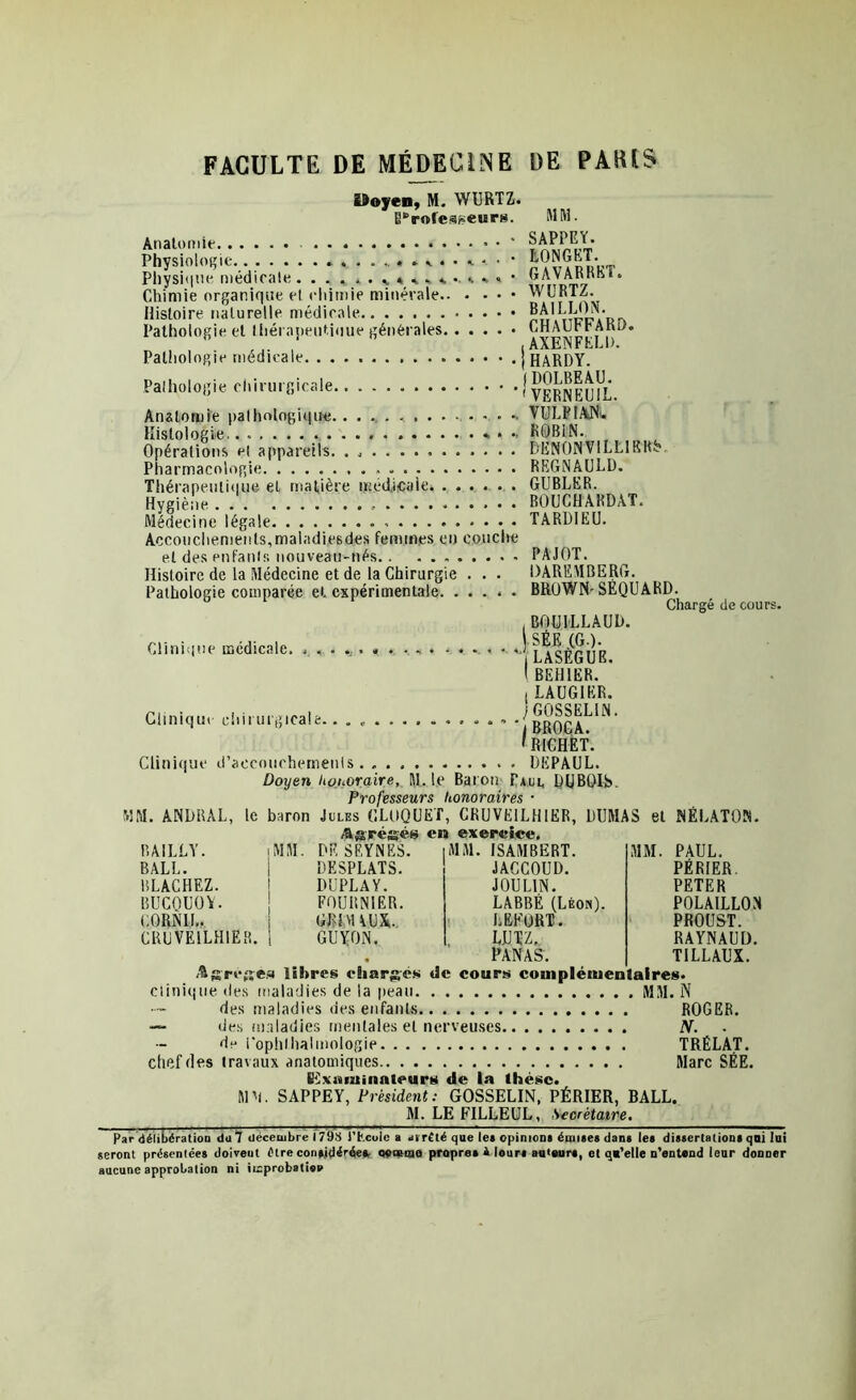 Doyen, M. WURTZ. E^rot’espeurs. MM. Anatomie • * SAPPEV. Physiologie ^ * ®^NGhT. Physique médicale. ......a.., GAVAnnhl. Chimie organique et chimie minérale WURTZ. Histoire naturelle médicale RAILLON. Pathologie et Ihérapeutioue générales CHAUrr AKi>» , AXENFELb. Pathologie médicale . j HARDY. Pathologie chirurgicale f veRNKuÎl. Anatomie pathologique VULFlAîft. Histologie * » •. ROBIN. Opérations el appareils. DENONVILLIKIU Pharmacologie. REGNAULD. Thérapeutique eL matière médicale GUBLER. Hygiène . BOUCHABDAT. Médecine légale TARDIEU. Accouchements,maladies des femmes en couche et des enfants nouveau-nés. Histoire de la Médecine et de la Chirurgie Pathologie comparée et expérimentale. . Clinique médicale. PAJOT. DAREMBERG. BROWN- SÉQUARD. Chargé de cours. , BOUILLAUb. SÉE (G.). LASÈGUR. IBEH1EB. , LAUGIER. Clinique cliirui g,cale GOSSELIN. BAILLY. MM. DE SEYNES. MM. ISAMBERT. BALL. DESPLATS. JACCOUD. BLACHEZ. DUPLAY. J OU LIN. BUCOUÜY. FOURNIER. LABBÉ (Léon). C0RN1L. GRIMA.UX.. LEFURT. CRUVEiLHlER. GUYON. LUTZ, . PANAS. MM. 'iBROGA. ' RICHET. Clinique d’aecouchemenls DEPAUL. Doyen honoraire, M. le Baron Faul DUBOIS. Professeurs honoraires • MM. ANDRAL, le baron Jules (ÎLUQUET, CRUVEILH1ER, DUMAS et NÉLATON. Agrésés en exercice. PAUL. PÉR1ER PETER POLAILLON PROUST. RAYNAUD. TILLAUX. Agrégés libres charges de cours complémentaires. clinique des maladies de la peau MM. N des maladies des enfants ROGER. — des maladies mentales el nerveuses N. de rophlhalmologie TRÉLAT. chef des travaux anatomiques Marc SÉE. (Examinateurs de la thèse. MM. SAPPEY, Président: GOSSELIN, PÉRIER, BALL. M. LE FILLEUL, Secrétaire. Par délibération du 7 décembre I 79S J’hculc a arrêté que le« opinion* émîtes dans les ditsertationt qui lui seront présentées doireut être considérées, Domine propres i lourt au'eurt, et qu’elle n’entend leur donner aucune approbation ni improbation