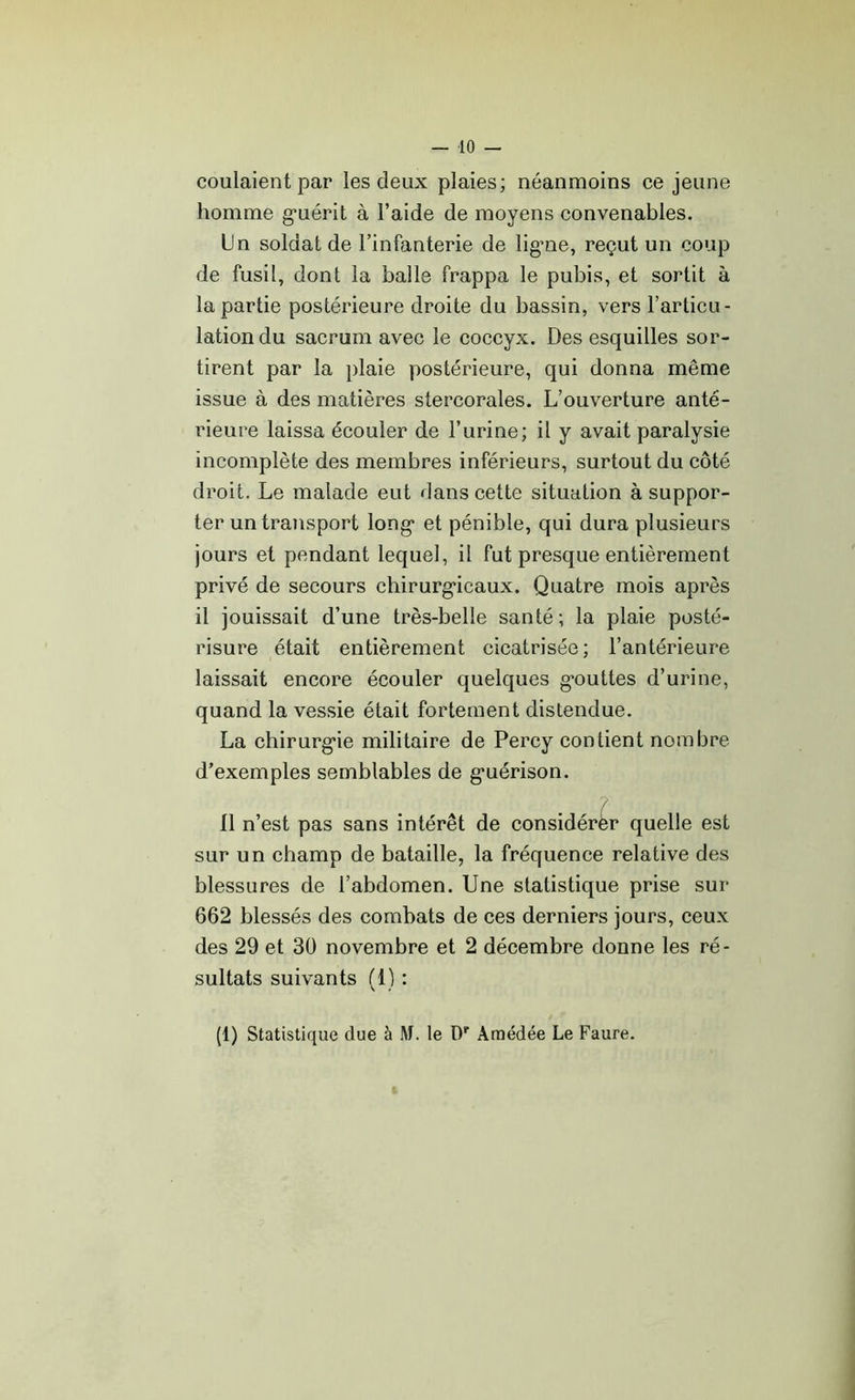 — 10 — coulaient par les deux plaies; néanmoins ce jeune homme guérit à l’aide de moyens convenables. Un soldat de l’infanterie de ligne, reçut un coup de fusil, dont la balle frappa le pubis, et sortit à la partie postérieure droite du bassin, vers l’articu- lation du sacrum avec le coccyx. Des esquilles sor- tirent par la plaie postérieure, qui donna même issue à des matières stercorales. L’ouverture anté- rieure laissa écouler de l’urine; il y avait paralysie incomplète des membres inférieurs, surtout du côté droit. Le malade eut dans cette situation à suppor- ter un transport long et pénible, qui dura plusieurs jours et pendant lequel, il fut presque entièrement privé de secours chirurgicaux. Quatre mois après il jouissait d’une très-belle santé; la plaie posté- risure était entièrement cicatrisée; l’antérieure laissait encore écouler quelques gouttes d’urine, quand la vessie était fortement distendue. La chirurgie militaire de Percy contient nombre d’exemples semblables de guérison. ? Il n’est pas sans intérêt de considérer quelle est sur un champ de bataille, la fréquence relative des blessures de l’abdomen. Une statistique prise sur 662 blessés des combats de ces derniers jours, ceux des 29 et 30 novembre et 2 décembre donne les ré- sultats suivants (1) :