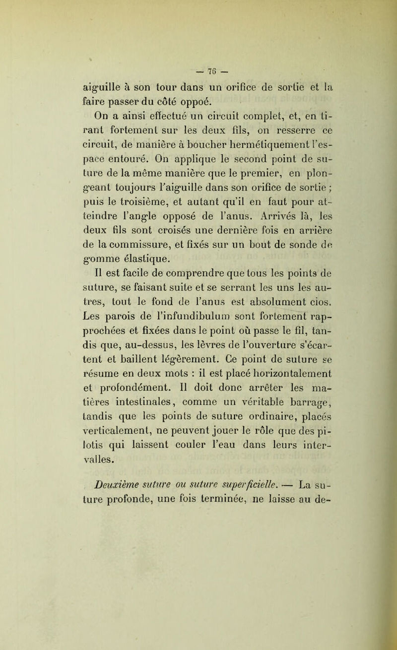 aiguille à son tour dans un orifice de sortie et la faire passer du côté oppoé. On a ainsi effectué un circuit complet, et, en ti- rant fortement sur les deux fils, on resserre ce circuit, de manière à boucher hermétiquement l’es- pace entouré. On applique le second point de su- ture de la même manière que le premier, en plon- geant toujours l'aiguille dans son orifice de sortie ; puis le troisième, et autant qu’il en faut pour at- teindre l’angle opposé de l’anus. Arrivés là, les deux fils sont croisés une dernière fois en arrière de la commissure, et fixés sur un bout de sonde de gomme élastique. Il est facile de comprendre que tous les points de suture, se faisant suite et se serrant les uns les au- tres, tout le fond de l’anus est absolument cios. Les parois de l’infundibulum sont fortement rap- prochées et fixées dans le point où passe le fil, tan- dis que, au-dessus, les lèvres de l’ouverture s’écar- tent et baillent légèrement. Ce point de suture se résume en deux mots : il est placé horizontalement et profondément. Il doit donc arrêter les ma- tières intestinales, comme un véritable barrage, tandis que les points de suture ordinaire, placés verticalement, ne peuvent jouer le rôle que des pi- lotis qui laissent couler l’eau dans leurs inter- valles. Deuxième suture ou suture superficielle. — La su- ture profonde, une fois terminée, ne laisse au de-