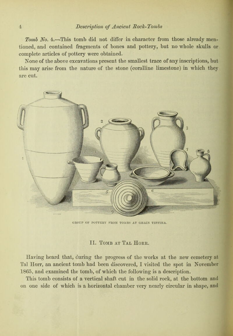 Tomb No. 4.—This tomb did not differ in character from those already men- tioned, and contained fragments of hones and pottery, hut no whole skulls or complete articles of pottery were obtained. None of the above excavations present the smallest trace of any inscriptions, but this may arise from the nature of the stone (coralline limestone) in which they are cut. GROUP OF POTTERY FROM TOMBS AT GHAIN TIFFIHA. II. Tomb at Tal Horr. Having heard that, during the progress of the works at the new cemetery at Tal Horr, an ancient tomb had been discovered, I visited the spot in November 1865, and examined the tomb, of which the following is a description. This tomb consists of a vertical shaft cut in the solid rock, at the bottom and on one side of which is a horizontal chamber very nearly circular in shape, and