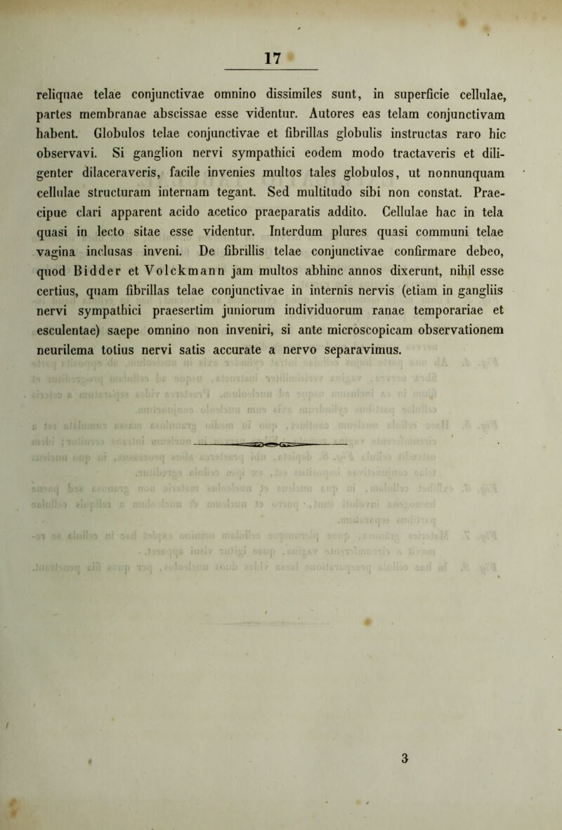 reliquae telae conjunctivae omnino dissimiles sunt, in superficie cellulae, partes membranae abscissae esse videntur. Autores eas telam conjunctivam habent. Globulos telae conjunctivae et fibrillas globulis instructas raro hic observavi. Si ganglion nervi sympathici eodem modo tractaveris et dili- genter dilaceraveris, facile invenies multos tales globulos, ut nonnunquam cellulae structuram internam tegant. Sed multitudo sibi non constat. Prae- cipue clari apparent acido acetico praeparatis addito. Cellulae hac in tela quasi in lecto sitae esse videntur. Interdum plures quasi communi telae vagina inclusas inveni. De fibrillis telae conjunctivae confirmare debeo, quod Bidder et Volckmann jam multos abhinc annos dixerunt, nihil esse certius, quam fibrillas telae conjunctivae in internis nervis (etiam in gangliis nervi sympathici praesertim juniorum individuorum ranae temporariae et esculentae) saepe omnino non inveniri, si ante microscopicam observationem neurilema totius nervi satis accurate a nervo separavimus.