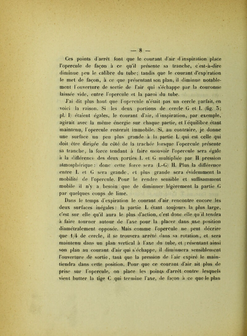 Ces points d’arrêt font que le courant d’air d inspiration place l’opercule de façon à ce qu’il présente sa tranche, c'est-à-dire diminue peu le calibre du tube: tandis que le courant d’expiration le met de façon, à ce que présentant son plan, il diminue notable- ment I ouverture de sortie de l'air qui s’échappe par la couronne laissée vide, entre l’opercule et la paroi du tube. J’ai dit plus haut que l’opercule n’était pas un cercle parfait, en voici la raison. Si les deux portions de cercle G et L (fig. 5; pl. I) étaient égales, le courant d’air, d’inspiration, par exemple, agirait avec la même énergie sur chaque partie, et I équilibre étant maintenu, l'opercule resterait immobile. Si, au contraire, je donne une surface un peu plus grande à la partie L qui est celle qui doit être dirigée du côté de la trachée lorsque l’opercule présente sa tranche, la force tendant à faire mouvoir l’opercule sera égale à la différence des deux parties L et G multipliée par H pression atmosphérique : donc cette force sera (L-G) H. Fius la différence entre L et G sera grande, et plus grande sera évidemment la mobilité de l’opercule. Pour le rendre sensible et suffisamment mobile il n’y a besoin que de diminuer légèrement la partie G par quelques coups de lime. Dans le temps d’expiration le courant d’air rencontre encore les deux surfaces inégales: la partie L étant toujours la plus large, c’est sur elle qu’il aura le plus d’action, c’est donc elle qu il tendra à faire tourner autour de l’axe pour la placer dans une position diamétralement opposée. Mais comme l’opercule ne peut décrire que 1/4 de cercle, il se trouvera arrêté dans sa rotation, et sera maintenu dans un plan vertical à l’axe du tube, et présentant ainsi son plan au courant d’air qui s’échappe, il diminuera sensiblement l’ouverture de sortie, tant que la pression de I air expiré le main- tiendra dans celte position. Pour que ce courant d’air ait plus de prise sur l’opercule, on place les points d’arrêt contre lesquels vient butter la tige C qui termine l’axe, de façon à ce que le plan