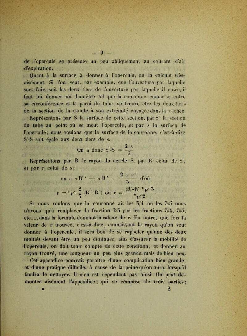 de l’opercule se présente un peu obliquement au courant d’air d’expiration. Quant à la surface à donner à l’opercule, on la calcule très- aisément. Si l’on veut, par exemple, que l’ouverture par laquelle sort l’air, soit les deux tiers de l’ouverture par laquelle il entre, il faut lui donner un diamètre tel que la couronne comprise entre sa circonférence et la paroi du tube, se trouve être les deux tiers de la section de la canule à son extrémité engagée dans la trachée. Représentons par S la surface de celte section, par S’ la section du tube au point où se meut l’opercule, et par s la surface de l’opercule; nous voulons que la surface de la couronne, c’est-à-dire S’-S soit égale aux deux tiers de s. Représentons par R le rayon du cercle S. par R celui de S’, et par r celui de s; Si nous voulons que la couronne ait les 5/4 ou les 3/5 nous n’avons qu’à remplacer la fraction 2/3 par les fractions 3/4, 3/5, etc...., dans la formule donnant la valeur de r. En outre, une fois la valeur de r trouvée, c’est-à-dire, connaissant le rayon qu’on veut donner à l’opercule, il sera bon de se rappeler qu’une des deux moitiés devant être un peu diminuée, afin d’assurer la mobilité de l’opercule, on doit tenir compte de cette condition, et donner au rayon trouvé, une longueur un peu plus grande, mais de bien peu. Cet appendice pourrait paraître d’une complication bien grande, et d’une pratique difficile, à cause de la peine qu’on aura, lorsqu’il faudra le nettoyer. Il n’en est cependant pas ainsi. On peut dé- monter aisément l’appendice; qui se compose de trois parties; On a donc S’-S = r on a ^R’2 2 B. 2