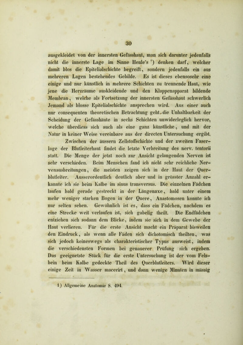 ausgekleidet von der innersten Gefässhaut, inan sich darunter jedenfalls nicht die innerste Lage im Sinne Henle’s denken darf, welcher damit blos die Epitelialschichte begreift, sondern jedenfalls ein aus mehreren Lagen bestehendes Gebilde. Es ist dieses ebensosehr eine einige und nur künstlich in mehrere Schichten zu trennende Haut, wie jene die Herzräume auskleidende und den Klappenapparat bildende Membran, welche als Fortsetzung der innersten Gefüsshaut schwerlich Jemand als blosse Epitelialschichte ansprechen wird. Aus einer auch nur consequenten theoretischen Betrachtung geht, die Unhaltbarkeit der Scheidung der Gefässhäute in sechs Schichten unwiderleglich hervor, welche überdiess sich auch als eine ganz künstliche, und mit der Natur in keiner Weise vereinbare aus der directen Untersuchung ergibt. Zwischen der äussern Zellstoffschichte und der zweiten Faser- lage der Blutleiterhaut findet die letzte Verbreitung des nerv, tentorii statt. Die Menge der jetzt noch zur Ansicht gelangenden Nerven ist sehr verschieden. Beim Menschen fand ich nicht sehr reichliche Ner- venausbreitungen, die meisten zeigen sich in der Haut der Quer- blutleiter. Ausserordentlich deutlich aber und in grösster Anzahl er- kannte ich sie beim Kalbe im sinus transversus. Die einzelnen Fädchen laufen bald gerade gestreckt in der Längenaxe, bald unter einem mehr weniger starken Bogen in der Quere, Anastomosen konnte ich nur selten sehen. Gewöhnlich ist es, dass ein Fädchen, nachdem es eine Strecke weit verlaufen ist, sich gabelig tlieilt. Die Endfädchen entziehen sich sodann dem Blicke, indem sie sich in dem Gewebe der Haut verlieren. Für die erste Ansiebt macht ein Präparat bisweilen den Eindruck, als wenn alle Fäden sich dichotomisch theilten, was sich jedoch keineswegs als charakteristischer Typus ausweist, indem die verschiedensten Formen bei genauerer Prüfung sich ergeben. Das geeignetste Stück für die erste Untersuchung ist der vom Fels- bein beim Kalbe gedeckte Theil des Querblutleiters. Wird dieser einige Zeit in Wasser macerirt, und dann wenige Minuten in mässig 1) Allgemeine Anatomie S. 494.