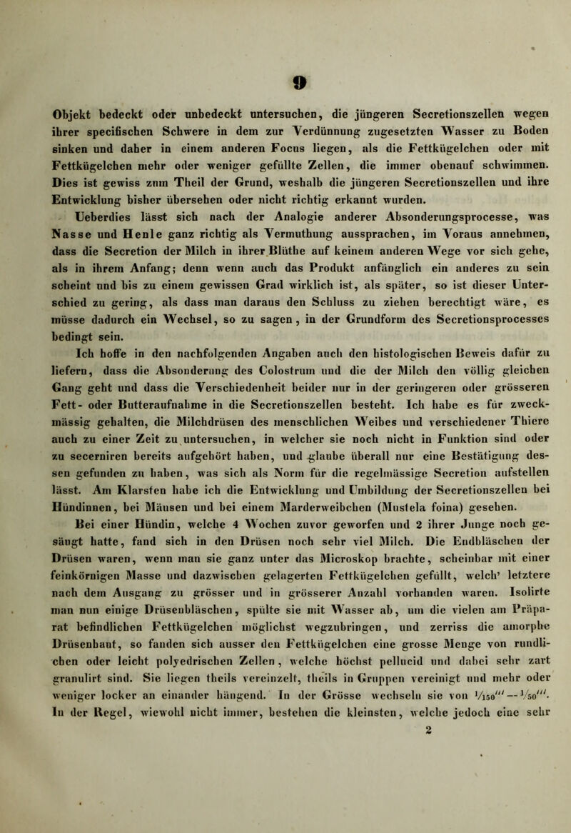 Objekt bedeckt oder unbedeckt untersuchen, die jüngeren Secretionszellen wegen ihrer specifischen Schwere in dem zur Verdünnung zugesetzten Wasser zu Boden sinken und daher in einem anderen Focus liegen, als die Fettkügelchen oder mit Fettkügelchen mehr oder weniger gefüllte Zellen, die immer obenauf schwimmen. Dies ist gewiss zum Theil der Grund, weshalb die jüngeren Secretionszellen und ihre Entwicklung bisher übersehen oder nicht richtig erkannt wurden. Ueberdies lässt sich nach der Analogie anderer Ahsonderungsprocesse, was Nasse und Henle ganz richtig als Vermuthung ausspracben, im Voraus annehmen, dass die Secretion der Milch in ihrer.Blüthe auf keinem anderen Wege vor sich gehe, als in ihrem Anfang; denn wenn auch das Produkt anfänglich ein anderes zu sein scheint und bis za einem gewissen Grad wirklich ist, als später, so ist dieser Unter- schied zu gering, als dass man daraus den Schluss zu ziehen berechtigt wäre, es müsse dadurch ein Wechsel, so zu sagen, in der Grundform des Secretionsprocesses bedingt sein. Ich hoffe in den nachfolgenden Angaben auch den histologischen Beweis dafür zu liefern, dass die Absonderung des Colostrum und die der Milch den völlig gleichen Gang geht und dass die Verschiedenheit beider nur in der geringeren oder grösseren Fett- oder Butteraufnabme in die Secretionszellen besteht. Ich habe es für zweck- mässig gehalten, die Milchdrüsen des menschlichen Weibes und verschiedener Thiere auch zu einer Zeit zu untersuchen, in welcher sie noch nicht in Funktion sind oder zu secerniren bereits aufgehört haben, und glaube überall nur eine Bestätigung des- sen gefunden zu haben, was sich als Norm für die regelmässige Secretion aufstellen lässt. Am Klarsten habe ich die Entwicklung und Umbildung der Secretionszellen bei üündinnen, bei Mäusen und bei einem Marderweibchen (Mustela foina) gesehen. Bei einer Hündin, welche 4 Wochen zuvor geworfen und 2 ihrer Junge noch ge- säugt hatte, fand sich in den Drüsen noch sehr viel Milch. Die Endbläschen der Drüsen waren, wenn man sie ganz unter das Microskop brachte, scheinbar mit einer feinkörnigen Masse und dazwischen gelagerten Fettkügelchen gefüllt, welch’ letztere nach dem Ausgang zu grösser und in grösserer Anzahl vorhanden waren. Isolirte man nun einige Drüsenhläschen, spülte sie mit Wasser ah, um die vielen am Präpa- rat befindlichen Fettkügelchen möglichst wegzubringen, und zerriss die amorphe Drüsenbant, so fanden sich ausser den Fettkügelchen eine grosse Menge von rundli- chen oder leicht polyedrischen Zellen , welche höchst pellucid und dabei sehr zai*t granulirt sind. Sie liegen theils vereinzelt, theils in Gruppen vereinigt und mehr oder weniger locker an einander hängend. In der Grösse wechseln sie von Viso''' — In der Bcgcl, wiewohl nicht immer, bestehen die kleinsten, welche jedoch eine sehr 2