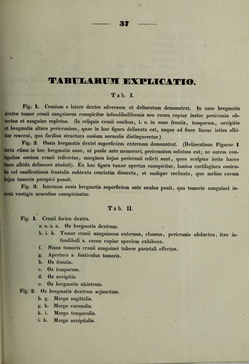 * TAIIIXARI TI EXBMCATIO. Tab. I. Fig. 1. Cranium e latere dextro adversum et delineatum demonstrat. In osse bregmatis dextro tumor cranii sanguineus conspicitur lnfundibuliformis seu cornu copiae instar pericranio ob- tectus et sanguine repletus. (In reliquis cranii ossibus, i. e. in osse frontis, temporum, occipitis et bregmatis altero pericranium, quae in hac figura delineata est, usque ad fines lineae istius albi- dae resecui, quo facilius structura ossium normalis distingueretur.) Fig. 2. Ossis bregmatis dextri superficiem externam demonstrat. (Delineatione Figurae 1 facta etiam in hoc bregmatis osse, ut paulo ante memoravi, pericranium solutum ept; ne autem con- tiguitas ossium cranii tolleretur, margines hujus pericranii relicti sunt, quos sculptor irrito hacce linea albida delineare studuit). Ex hac figura tumor apertus conspicitur, lamina cartilaginea ossicu- lis vel ossificationis frustulis subtexta cruciatim dissecta, et undique reclinata, quo melius cavum hujus tumoris perspici possit. Fig. 8. Internam ossis bregmatis superficiem ante oculos ponit, qua tumoris sanguinei in- terni vestigia acuratius conspiciantur. Tab. II. % Fig. 1. Cranii facies dextra. a. a. a. a. Os bregmatis dextrum. h. i. k. Tumor cranii sanguineus externus, clausus, pericranio obductus, fere in- fundibuli s. cornu copiae speciem exhibens. f. Sinus tumoris cranii sanguinei tubere parietali effectus. g. Apertura s. fonticulus tumoris. b. Os frontis. c. Os temporum. d. Os occipitis. e. Os bregmatis sinistrum. Fig. 2. Os bregmatis dextrum sejunctum. h. g. Margo sagittalis, g. k. Margo coronalis. % k. i. Margo temporalis. i. h. Margo occipitalis.
