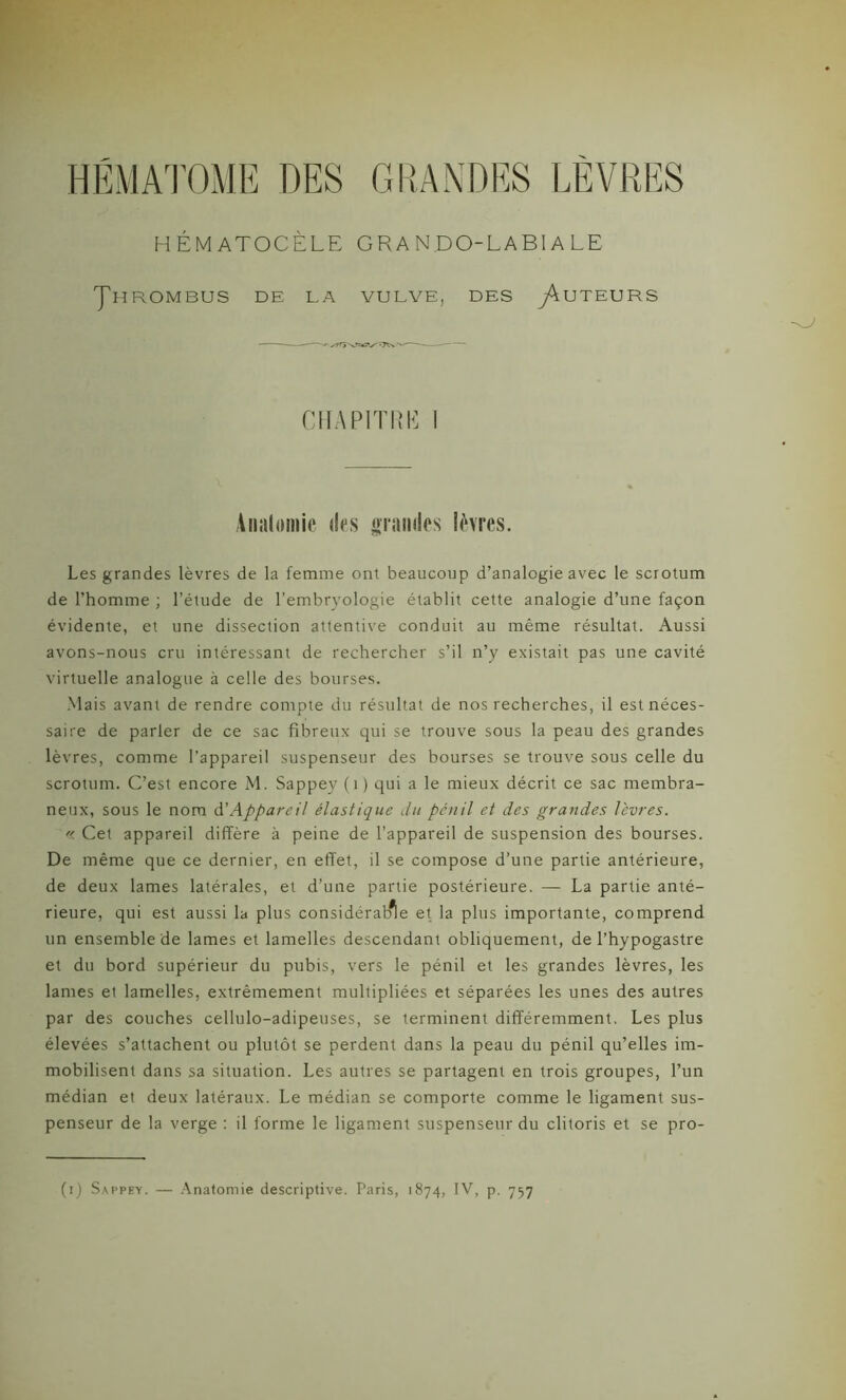 HEMATOME DES GRANDES LEVRES HÉMATOCÈLE GRA N.DO-LABI A LE Jhrombus de la vulve, des ^Auteurs CHAPITR K I Anatomie des grandes lèvres. Les grandes lèvres de la femme ont beaucoup d’analogie avec le scrotum de l’homme ; l’étude de l’embryologie établit cette analogie d’une façon évidente, et une dissection attentive conduit au même résultat. Aussi avons-nous cru intéressant de rechercher s’il n’y existait pas une cavité virtuelle analogue à celle des bourses. Mais avant de rendre compte du résultat de nos recherches, il est néces- saire de parler de ce sac fibreux qui se trouve sous la peau des grandes lèvres, comme l’appareil suspenseur des bourses se trouve sous celle du scrotum. C’est encore M. Sappey (1 ) qui a le mieux décrit ce sac membra- neux, sous le nom à’Appareil élastique du pénil et des grandes lèvres. « Cet appareil diffère à peine de l’appareil de suspension des bourses. De même que ce dernier, en effet, il se compose d’une partie antérieure, de deux lames latérales, et d’une partie postérieure. — La partie anté- rieure, qui est aussi la plus considérable et la plus importante, comprend un ensemble de lames et lamelles descendant obliquement, de l’hypogastre et du bord supérieur du pubis, vers le pénil et les grandes lèvres, les lames et lamelles, extrêmement multipliées et séparées les unes des autres par des couches cellulo-adipeuses, se terminent différemment. Les plus élevées s’attachent ou plutôt se perdent dans la peau du pénil qu’elles im- mobilisent dans sa situation. Les autres se partagent en trois groupes, l’un médian et deux latéraux. Le médian se comporte comme le ligament sus- penseur de la verge : il forme le ligament suspenseur du clitoris et se pro-