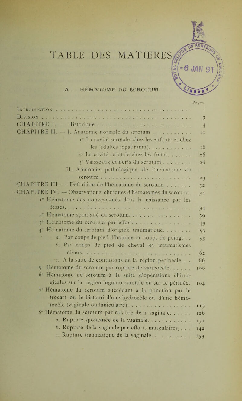 Introduction Division CHAPITRE I. — Historique CHAPITRE II. — I. Anatomie normale du scrotum i I.a cavité scrotale chez les enfants et chez les adultes iSpaltraum) a1’ La cavité scrotale chez les fœtus, 3° Vaisseaux et nerfs du scrotum II. Anatomie pathologique de l'hématome du scrotum , . CHAPITRE III. — Définition de l’hématome du scrotum CHAPITRE IV. — Observations cliniques d’hématomes du scrotum. i1' Hématome des nouveau-nés dans la naissance par les fesses 2 Hématome spontané du scrotum 3° Hématome du scrotum par effort 4“ Hématome du scrotum d’origine traumatique a. Par coups de pied d’homme ou coups de poing. . . b. Par coups de pied de cheval et traumatismes divers c. A la suite de contusions de la région périnéale. . . 5° Hématome du scrotum par rupture de varicocèle 6° Hématome du scrotum à la suite d’opérations chirur- gicales sur la région inguino-scrotale ou sur le périnée. 7° Hématome du scrotum succédant à la ponction par le trocart ou le bistouri d’une hydrocèle ou d’une héma- tocèle (vaginale ou funiculaire) 8 Hématome du scrotum par rupture de la vaginale a. Rupture spontanée de la vaginale b. Rupture de la vaginale par effoits musculaires. . . . c. Rupture traumatique de la vaginale. • Pago s. I 3 4 11 16 26 26 29 52 34 34 39 53 53 62 86 100 104 113 126 ■31 142 >53 7 OH*.