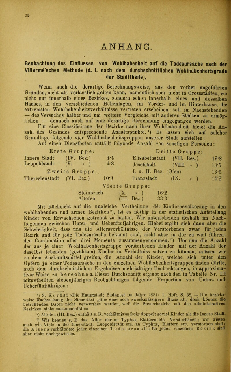 ANHANG. Beobachtung des Einflusses von Wohlhabenheit auf die Todesursache nach der Villerme’schen Methode (d. i. nach dem durchschnittlichen Wohlhabenheitsgrade der Stadttheile), Wenn auch die derartige Berechnungsweise, aus den vorher angeführten Gründen, nicht als verlässlich gelten kann, namentlich aber nicht in Grossstädten, wo nicht nur innerhalb eines Bezirkes, sondern schon innerhalb eines und desselben Hauses, in den verschiedenen Höhenlagen, im Vorder- und im Hinterhause, die extremsten Wohlhabenheitsverhältnisse vertreten erscheinen, soll im Nachstehenden — des Versuches halberund um weitere Vergleiche mit anderen Städten zu ermög- lichen — dennoch auch auf eine derartige Berechnung eingegangen werden. Für eine Classificirung der Bezirke nach ihrer Wohlhabenheit bietet die An- zahl des Gesindes entsprechende Anhaltspunkte.*) Es lassen sich auf solcher Grundlage folgende vier Wohlhabenheitsgruppen unserer Stadt aufstellen: Auf einen Dienstboten entfällt folgende Anzahl von sonstigen Personen: Erste Gruppe: Dritte Gruppe: Innere Sladt (IV. Bez.) 4-4 Elisabethstadt (VII. Bez.) 12-8 Leopoldstadt (V. » ) 4-8 Josefstadt (VIII. » ) 13-5 Zweite Gruppe: I. u. II. Bez. (Ofen) 13*6 Theresienstadt (VI. Bez.) 10*9 Franzstadt (IX. » ) 14*2 Vierte Gruppe: Steinbruch (X. » ) 16'2 Altofen (III. Bez.) 33‘3 Mit Rücksicht auf die ungleiche Vertheilung der Kinderbevölkerung in den wohlhabenden und armen Bezirken* 2 3), ist es nöthig in der statistischen Aufstellung Kinder von Erwachsenen getrennt zu halten. Wir unterscheiden deshalb im Nach- folgenden zwischen Unter- und Ueberfünfjährigen. Hiebei ergibt sich dann aber die Schwierigkeit, dass uns die Altersverhältnisse der Verstorbenen zwar für jeden Bezirk und für jede Todesursache bekannt sind, nicht aber in der zu weit führen- den Combination aller drei Momente zusammengenoramen.s) Um nun die Anzahl der aus je einer Wohlhabenheitsgruppe verstorbenen Kinder mit der Anzahl der daselbst lebenden (gezählten) Kinder in Verhältnis-! setzen zu können, müssen wir zu dem Auskunftsmittel greifen, die Anzahl der Kinder, welche sich unter den Opfern je einer Todesursache in den einzelnen Wohlhabenheitsgruppen finden dürfte, nach dem durchschnittlichen Ergebnisse mehrjähriger Beobachtungen, in approxima- tiver Weise zu b er ec hn e n. Dieser Durchschnitt ergiebt nach den in Tabelle Nr. III mitgetheilten siebenjährigen Beobachtungen folgende Proportion von Unter- und Ueberfüufjährigen: S. Kör ös i »Die Hauptstadt Budapest im Jahre 1881« 1. Heft, S. 58. — Die bezirks- weise Nachweisung der Steuerlast gäbe eine noch zweckmässigere Basis ab, doch können die betreffenden Daten nicht verwerthet werden, weil die Steuerbezirke mit den administrativen Bezirken nicht zusammenfallen. 2) Altofen (III. Bez.) enthält z. B. verhältnissmässig doppelt soviel Kinder als die Innere Stadt. 3) Wir kennen z. B. das Alter der an Typhus, Blattern etc. Verstorbenen; wir wissen auch wie Viele in der Innerstadt, Leopoldstadt etc. an Typhus, Blattern etc. verstorben sind; die Alters Verhältnisse jeder einzelnen Todesursache für jeden einzelnen Bezirk sind aber nicht nachgewiesen.