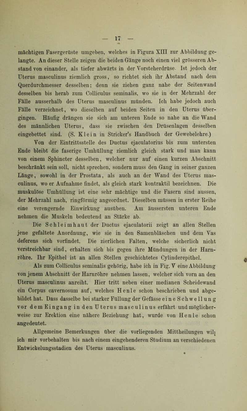mächtigen Fasergerüste umgehen, welches in Figura XIII zur Abbildung ge- langte. An dieser Stelle zeigen die beiden Gänge noch einen viel grösseren Ab- stand von einander, als tiefer abwärts in der Vorsteherdrüse. Ist jedoch der Uterus masculinus ziemlich gross, so richtet sich ihr Abstand nach dem Querdurchmesser desselben; denn sie ziehen ganz nahe der Seitenwand desselben bis herab zum Colliculus seminalis, wo sie in der Mehrzahl der Fälle ausserhalb des Uterus masculinus münden. Ich habe jedoch auch Fälle verzeichnet, wo dieselben auf beiden Seiten in den Uterus über- gingen. Häufig drängen sie sich am unteren Ende so nahe an die Wand des männlichen Uterus, dass sie zwischen den Drüsenlagen desselben eingebettet sind. (S. Klein in Stricker’s Handbuch der Gewebelehre.) Von der Eintrittsstelle des Ductus ejaculatorius bis zum untersten Ende bleibt die faserige Umhüllung ziemlich gleich stark und man kann von einem Sphincter desselben, welcher nur auf einen kurzen Abschnitt beschränkt sein soll, nicht sprechen, sondern muss den Gang in seiner ganzen Länge, sowohl in der Prostata, als auch an der Wand des Uterus mas- culinus, wo er Aufnahme findet, als gleich stark kontraktil bezeichnen. Die muskulöse Umhüllung ist eine sehr mächtige und die Fasern sind aussen, der Mehrzahl nach, ringförmig angeordnet. Dieselben müssen in erster Reihe eine verengernde Einwirkung ausüben. Am äussersten unteren Ende nehmen die Muskeln bedeutend an Stärke ab. Die Schleimhaut der Ductus ejaculatorii zeigt an allen Stellen jene gefaltete Anordnung, wie sie in den Samenbläschen und dem Vas deferens sich vorfindet. Die zierlichen Falten, welche sicherlich nicht verstreichbar sind, erhalten sich bis gegen ihre Mündungen in der Harn- röhre. Ihr Epithel ist an allen Stellen geschichtetes Cylinderepithel. Als zum Colliculus seminalis gehörig, habe ich in Fig. V eine Abbildung von jenem Abschnitt der Harnröhre nehmen lassen, welcher sich vorn an den Uterus masculinus anreiht. Hier tritt neben einer medianen Scheidewand ein Corpus cavernosuin auf, welches Henle schon beschrieben und abge- bildet hat. Dass dasselbe bei starker Füllung der Gefässe eineSchwellung vor demEingang in den Uterus masculinus erfährt und möglicher- weise zur Erektion eine nähere Beziehung hat, wurde von Henle schon angedeutet. Allgemeine Bemerkungen über die vorliegenden Mittheilungen wilj ich mir Vorbehalten bis nach einem eingehenderen Studium an verschiedenen Entwickelungsstadien des Uterus masculinus.