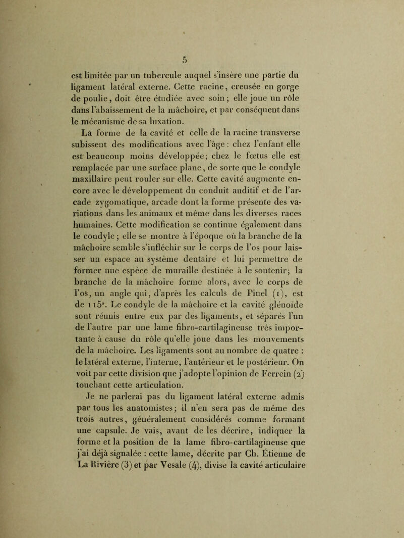 est limitée par un tubercule auquel s’insère une partie du ligament latéral externe. Cette racine, creusée en gorge de poulie, doit être étudiée avec soin; elle joue un rôle dans l’abaissement de la mâchoire, et par conséquent dans le mécanisme de sa luxation. La forme de la cavité et celle de la racine transverse subissent, des modifications avec lage : chez l’enfant elle est beaucoup moins développée; chez le fœtus elle est remplacée par une surface plane, de sorte que le condyle maxillaire peut rouler sur elle. Cette cavité augmente en- core avec le développement du conduit auditif et de l’ar- cade zygomatique, arcade dont la forme présente des va- riations dans les animaux et même dans les diverses races humaines. Cette modification se continue également dans le condyle ; elle se montre à l’époque où la branche de la mâchoire semble s’infléchir sur le corps de l’os pour lais- ser un espace au système dentaire et lui permettre de former une espèce de muraille destinée à le soutenir; la branche de la mâchoire forme alors, avec le corps de l’os, un angle qui, d’après les calculs de Pinel (i), est de 115°. Le condyle de la mâchoire et la cavité gléuoïde sont réunis entre eux par des ligaments, et séparés l’un de l’autre par une lame fibro-cartilagineuse très impor- tante à cause du rôle qu’elle joue dans les mouvements de la mâchoire. Les ligaments sont au nombre de quatre : le latéral externe, l’interne, l’antérieur et le postérieur. On voit par cette division que j’adopte l’opinion de Ferrein (2) touchant cette articulation. Je ne parlerai pas du ligament latéral externe admis par tous les anatomistes; il n’en sera pas de même des trois autres, généralement considérés comme formant une capsule. Je vais, avant de les décrire, indiquer la forme et la position de la lame fibro-cartilagineuse que j’ai déjà signalée : cette lame, décrite par Ch. Étienne de La Rivière (3) et par Vesale (4), divise ia cavité articulaire