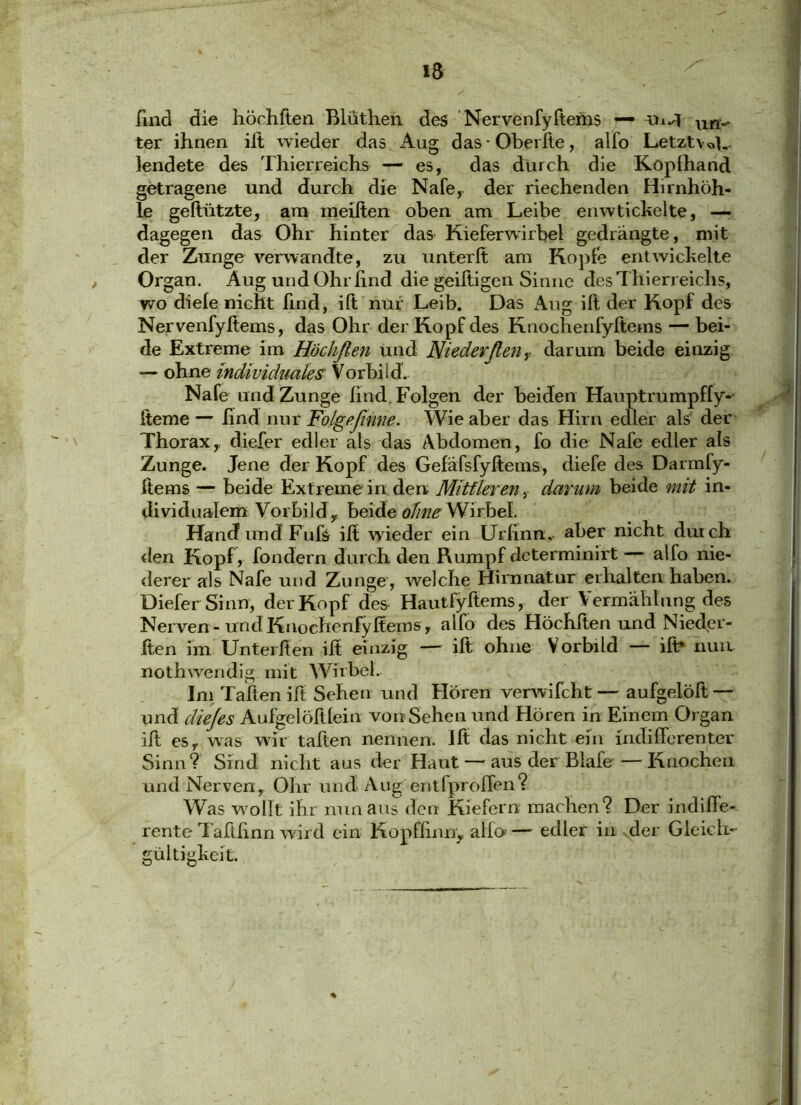 Und die höchften Blüthen des Nervenfyftems — UHy ter ihnen ilt wieder das Aug dasOberfte, alfo Letzt\0j_. lendete des Thierreichs — es, das durch die Kopfhand getragene und durch die Nafe,. der riechenden Hirnhöh- le geftützte, am meiften oben am Leibe enwtickelte, — dagegen das Ohr hinter das Kieferwirbel gedrängte, mit der Zunge verwandte, zu unterlt am Kopfe entwickelte Organ. Aug und Ohr find die geiftigen Sinne des Thierreichs, wo diele nicht find, ift nur Leib. Das Aug ilt der Kopf des Nervenfyftems, das Ohr der Kopf des Knochenfyftems — bei- de Extreme im Höchflen und Nieder ft en,■ darum beide einzig — ohne individuales Vorbild. Nafe und Zunge find Folgen der beiden Hauptrumpffy- iteme — find nur Folgeftmie. Wie aber das Hirn edler als der Thorax,, diefer edler als das Abdomen, fo die Nafe edier als Zunge. Jene der Kopf des Gef äfsfy Items, diefe des Darmfy- ftems — beide Extreme in den Mittleren, darum beide mit in- dividualem Vorbild y beide ohne Wirbel. Hand und Fufs ift wieder ein Urhnn, aber nicht duich den Kopf, fondern durch den Rumpf determinirt alfo nie- derer als Nafe und Zunge, welche Hirnnatur erhalten haben. Diefer Sinn, der Kopf des Hautfyftems, der \ ermählung des Nerven - und Knochenfyftems, alfo des Höchften und Nieder- ften im Unterffen ift einzig — ift ohne Vorbild — ift* nun nothwendig mit Wirbel. Im Taften ift Sehen und Hören verwifcht — aufgelöft — und diejes Aufgelöftfein von Sehen und Hören in Einem Organ ift es, was wir taften nennen. Ift das nicht ein indifferenter Sinn? Sind nicht aus der Haut — aus der Blafe —Knochen und Nerven, Ohr und Aug entfproffen? Was wollt ihr nun aus den Kiefern machen? Der indiffe- rente Taftfinn wird ein Kopffinn, affo—' edler in der Gleich- gültigkeit.