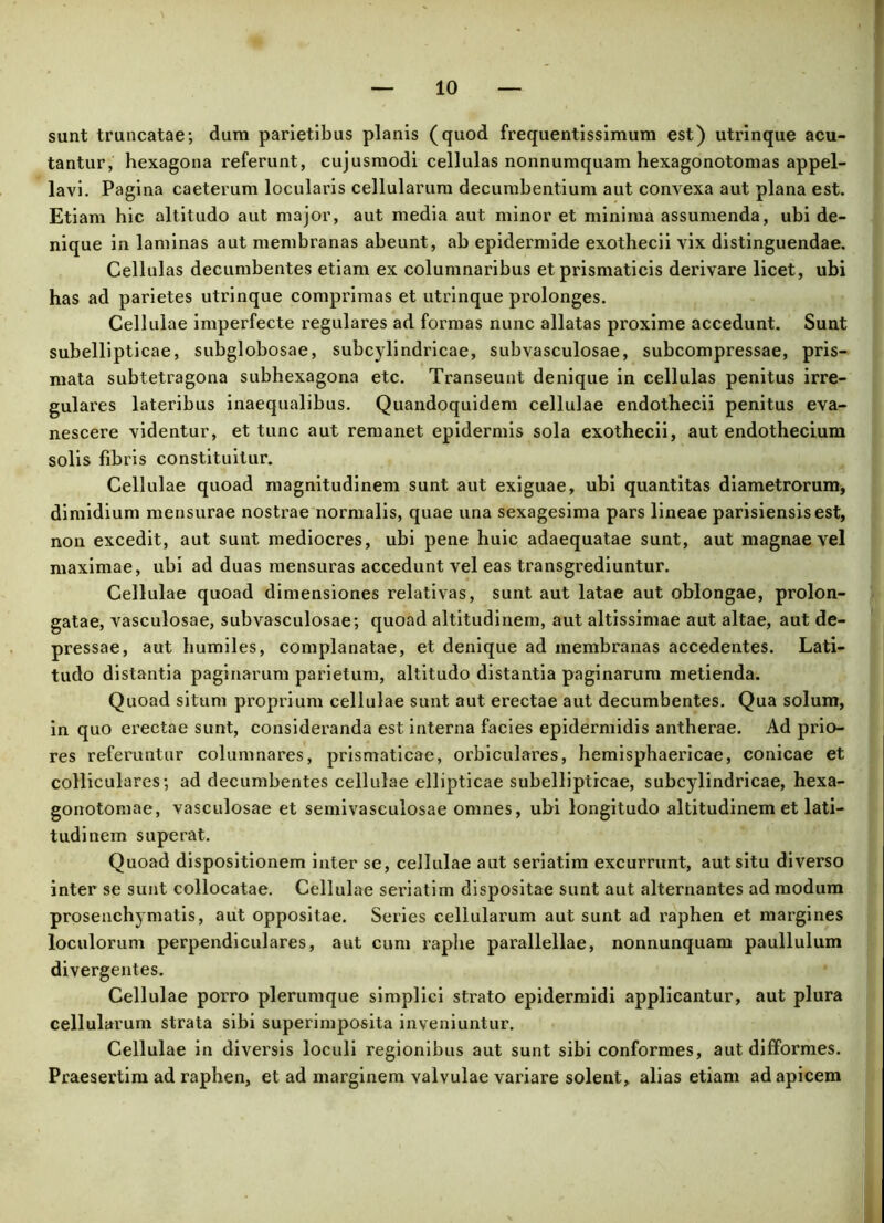 sunt truncatae; dum parietibus planis (quod frequentissimum est) utrinque acu- tantur, hexagona referunt, cujusmodi cellulas nonnumquam hexagonotomas appel- lavi. Pagina caeterum locularis cellularum decumbentium aut convexa aut plana est. Etiam hic altitudo aut major, aut media aut minor et minima assumenda, ubi de- nique in laminas aut membranas abeunt, ab epidermide exothecii vix distinguendae. Cellulas decumbentes etiam ex columnaribus et prismaticis derivare licet, ubi has ad parietes utrinque comprimas et utrinque prolonges. Cellulae imperfecte regulares ad formas nunc allatas proxime accedunt. Sunt subellipticae, subglobosae, subcylindricae, subvasculosae, subcompressae, pris- mata subtetragona subhexagona etc. Transeunt denique in cellulas penitus irre- gulares lateribus inaequalibus. Quandoquidem cellulae endothecii penitus eva- nescere videntur, et tunc aut remanet epidermis sola exothecii, aut endothecium solis fibris constituitur. Cellulae quoad magnitudinem sunt aut exiguae, ubi quantitas diametrorum, dimidium mensurae nostrae normalis, quae una sexagesima pars lineae parisiensisest, non excedit, aut sunt mediocres, ubi pene huic adaequatae sunt, aut magnae vel maximae, ubi ad duas mensuras accedunt vel eas transgrediuntur. Cellulae quoad dimensiones relativas, sunt aut latae aut oblongae, prolon- gatae, vasculosae, subvasculosae; quoad altitudinem, aut altissimae aut altae, aut de- pressae, aut humiles, complanatae, et denique ad membranas accedentes. Lati- tudo distantia paginarum parietum, altitudo distantia paginarum metienda. Quoad situm proprium cellulae sunt aut erectae aut decumbentes. Qua solum, in quo erectae sunt, consideranda est interna facies epidermidis antherae. Ad prio- res referuntur columnares, prismaticae, orbiculares, hemisphaericae, conicae et colliculares; ad decumbentes cellulae ellipticae subellipticae, subcylindricae, hexa- gonotomae, vasculosae et semivaseulosae omnes, ubi longitudo altitudinem et lati- tudinem superat. Quoad dispositionem inter se, cellulae aut seriatim excurrunt, aut situ diverso inter se sunt collocatae. Cellulae seriatim dispositae sunt aut alternantes ad modum prosenchymatis, aut oppositae. Series cellularum aut sunt ad raphen et margines loculorum perpendiculares, aut cum raphe parallellae, nonnunquam paullulum divergentes. Cellulae porro plerumque simplici strato epidermidi applicantur, aut plura cellularum strata sibi superimposita inveniuntur. Cellulae in diversis loculi regionibus aut sunt sibi conformes, aut difformes. Praesertim ad raphen, et ad marginem valvulae variare solent, alias etiam ad apicem