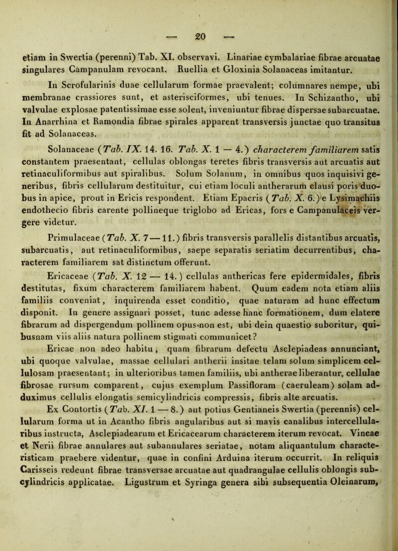 singulares Campanulam revocant. Ruellia et Gloxinia Solanaceas imitantur. In Scrofularinis duae cellularum formae praevalent; columnares nempe, ubi membranae crassiores sunt, et asterisciformes, ubi tenues. In Schizantho, ubi valvulae explosae patentissimae esse solent, inveniuntur fibrae dispersae subarcuatae. In Anarrhina et Ramondia fibrae spirales apparent transversis junctae quo transitus fit ad Solanaceas. Solanaceae (Tab. IX. 14. 16. Tab. X. 1 — 4.) characterem familiarem satis constantem praesentant, cellulas oblongas teretes fibris transversis aut arcuatis aut retinaculiformibus aut spiralibus. Solum Solanum, in omnibus quos inquisivi ge- neribus, fibris cellularum destituitur, cui etiam loculi antherarum clausi poris duo- bus in apice, prout in Ericis respondent. Etiam Epacris (Tab. X. 6.) e Lysimachiis endothecio fibris carente pollineque triglobo ad Ericas, fors e Campanulaceis ver- gere videtur. Primulaceae (Tab. X. 7—11.) fibris transversis parallelis distantibus arcuatis, subarcuatis, aut retinaculiformibus, saepe separatis seriatim decurrentibus, cha- racterem familiarem sat distinctum offerunt. Ericaceae (Tab. X. 12— 14.) cellulas anthericas fere epidermidales, fibris destitutas, fixum characterem familiarem habent. Quum eadem nota etiam aliis familiis conveniat, inquirenda esset conditio, quae naturam ad hunc effectum disponit. In genere assignari posset, tunc adesse hanc formationem, dum elatere fibrarum ad dispergendum pollinem opus-non est, ubi dein quaestio suboritur, qui- busnam viis aliis natura pollinem stigmati communicet? Ericae non adeo habitu , quam fibrarum defectu Asclepiadeas annunciant, ubi quoque valvulae, massae cellulari antherii insitae telam solum simplicem cel- lulosam praesentant; in ulterioribus tamen familiis, ubi antberaeliberantur, cellulae fibrosae rursum comparent, cujus exemplum Passifloram (caeruleam) solam ad- duximus cellulis elongatis semicylindricis compressis, fibris alte arcuatis. Ex Contortis (Tab. XI. 1 — 8.) aut potius Gentianeis Swertia (perennis) cel- lularum forma ut in Acantho fibris angularibus aut si mavis canalibus intercellula- ribus instructa, Asclepiadearum et Ericacearum characterem iterum revocat. Yincae et Nerii fibrae annulares aut subannulares seriatae, notam aliquantulum characte- risticam praebere videntur, quae in confini Arduina iterum occurrit. In reliquis Carisseis redeunt fibrae transversae arcuatae aut quadrangulae cellulis oblongis sub- cylindricis applicatae. Ligustrum et Syringa genera sibi subsequentia Oleinarum,