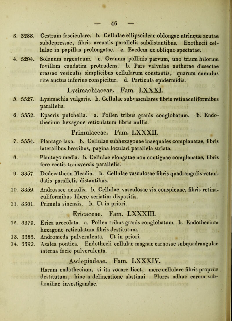5. 3288. 4. 3294. 5. 3327. 6. 3352. 7. 3354. 8. 9. 3357. 10. 3359. 11. 3361. 12. 3379. 13. 3383. 14. 3392. Cestrum faseiculare. b. Cellulae ellipsoideae oblongae utrinque acutae subdepressae, fibris arcuatis parallelis subdistantibus. Exothecii cel- lulae in papillas prolongatae, c. Eaedem ex obliquo spectatae. Solanum argenteum, c. Granum pollinis parvum, uno trium hilorum fovillam caudatim protrudens, b. Pars valvulae antherae dissectae crassae vesiculis simplicibus cellularum constantis, quarum cumulus rite auctus inferius conspicitur, d. Particula epidermidis. Lysimachiaceae. Fam. LXXXI. Lysimachia vulgaris, b. Cellulae subvasculares fibris retinaculiformibus parallelis. Epacris pulchella, a. Pollen tribus granis conglobatum, b. Endo- thecium hexagone reticulatum fibris nullis. Primulaceae. Fam. LXXXII. Plantago laxa. b. Cellulae subhexagonae inaequales complanatae, fibris lateralibus brevibus, pagina loculari parallela striata. Plantago media, b. Cellulae elongatae non contiguae complanatae, fibris fere rectis transversis parallelis. Dodecatheon Meadia. b. Cellulae vasculosae fibris quadrangulis rotun- datis parallelis distantibus. Androsace acaulis. b. Cellulae vasculosae vix conspicuae, fibris retina- culiformibus libere seriatim dispositis. Primula sinensis. b. Ut in priori. Ericaceae. Fam. LXXXIII. Erica urceolata. a. Pollen tribus granis conglobatum, b. Endothecium hexagone reticulatum fibris destitutum. Andromeda pulverulenta. Ut in priori. Azalea pontica. Endothecii cellulae magnae carnosae subquadrangulae interna facie pulverulenta. Asclepiadeae. Fam. LXXXIV. Harum endothecium, si ita vocare licet, mere cellulare fibris propriis destitutum, hinc a delineatione abstinui. Plures adhuc earum sub- familiae investigandae.