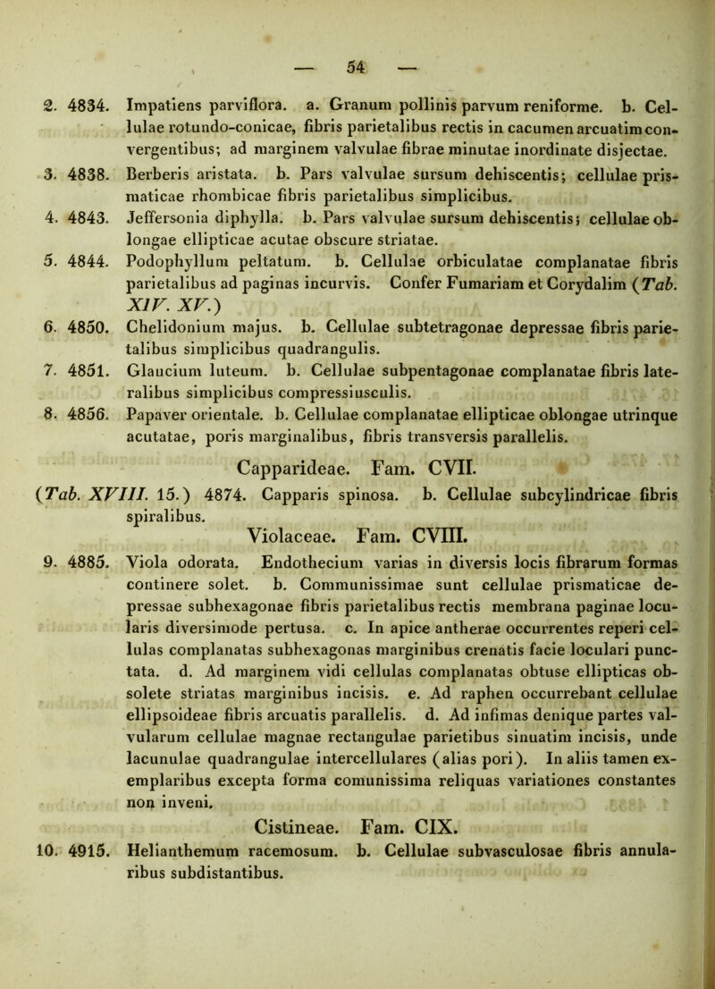 2. 4834. 3. 4838. 4. 4843. 5. 4844. 6. 4850. 7. 4851. 8. 4856. Impatiens parviflora. a. Granum pollinis parvum reniforme, b. Cel- lulae rotundo-conicae, fibris parietalibus rectis in cacumenarcuatimcon- vergentibus; ad marginem valvulae fibrae minutae inordinate disiectae. Berberis aristata. b. Pars valvulae sursum dehiscentis; cellulae pris- maticae rhombicae fibris parietalibus simplicibus. Jeffersonia diphylla. b. Pars valvulae sursum dehiscentis; cellulae ob- longae ellipticae acutae obscure striatae. Podophyllum peltatum. b. Cellulae orbiculatae complanatae fibris parietalibus ad paginas incurvis. Confer Furnariam et Corydalim (Tab. XIV. XV.) Chelidonium majus, b. Cellulae subtetragonae depressae fibris parie- talibus simplicibus quadrangulis. Glaucium luteum, b. Cellulae subpentagonae complanatae fibris late- ralibus simplicibus compressiusculis. Papaver orientale, b. Cellulae complanatae ellipticae oblongae utrinque acutatae, poris marginalibus, fibris transversis parallelis. Capparideae. Fam. CVII. (Tab. XVIII. 15.) 4874. Capparis spinosa, b. Cellulae subcylindricae fibris spiralibus. Violaceae. Fam. CVIII. 9. 4885. Viola odorata. Endothecium varias in diversis locis fibrarum formas continere solet. b. Communissimae sunt cellulae prismaticae de- pressae subhexagonae fibris parietalibus rectis membrana paginae locu- laris diversimode pertusa, c. In apice antherae occurrentes reperi cel- lulas complanatas subhexagonas marginibus crenatis facie loculari punc- tata. d. Ad marginem vidi cellulas complanatas obtuse ellipticas ob- solete striatas marginibus incisis, e. Ad raphen occurrebant cellulae ellipsoideae fibris arcuatis parallelis, d. Ad infimas denique partes val- vularum cellulae magnae rectangulae parietibus sinuatim incisis, unde lacunulae quadrangulae intercellulares (alias pori). In aliis tamen ex- emplaribus excepta forma comunissima reliquas variationes constantes non inveni. Cistineae. Fam. CIX. 10. 4915. Helianthemum racemosum, b. Cellulae subvasculosae fibris annula- ribus subdistantibus.