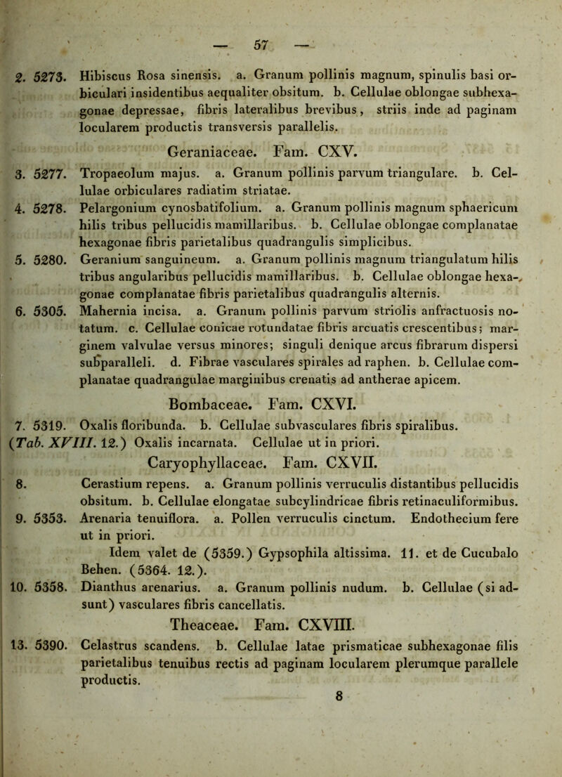 2. 5275. Hibiscus Rosa sinensis. a. Granum pollinis magnum, spinulis basi or- biculari insidentibus aequaliter obsitum, b. Cellulae oblongae subhexa- gonae depressae, fibris lateralibus brevibus, striis inde ad paginam locularem productis transversis parallelis. Geraniaceae. Fam. CXV. 3. 5277. Tropaeolum majus, a. Granum pollinis parvum triangulare, b. Cel- lulae orbiculares radiatim striatae. 4. 5278. Pelargonium cynosbatifolium. a. Granum pollinis magnum sphaericum hilis tribus pellucidis mamillaribus, b. Cellulae oblongae complanatae hexagonae fibris parietalibus quadrangulis simplicibus. 5. 5280. Geranium sanguineum, a. Granum pollinis magnum triangulatum hilis tribus angularibus pellucidis mamillaribus, b. Cellulae oblongae hexa-, gonae complanatae fibris parietalibus quadrangulis alternis. 6. 5305. Mahernia incisa, a. Granum pollinis parvum striolis anfractuosis no- tatum. c. Cellulae conicae rotundatae fibris arcuatis crescentibus; mar- ginem valvulae versus minores; singuli denique arcus fibrarum dispersi subparalleli. d. Fibrae vasculares spirales ad raphen, b. Cellulae com- planatae quadrangulae marginibus crenatis ad antherae apicem. Bombaceae. Fam. CXVI. 7. 5319. Oxalis floribunda. b. Cellulae subvasculares fibris spiralibus. (Tab. XVIII. 12.) Oxalis incarnata. Cellulae ut in priori. Caryophyllaceae. Fam. CXVII. 8. Cerastium repens, a. Granum pollinis verruculis distantibus pellucidis obsitum, b. Cellulae elongatae subcylindricae fibris retinaculiformibus. 9. 5353. Arenaria tenuiflora. a. Pollen verruculis cinctum. Endothecium fere ut in priori. Idem valet de (5359.) Gypsophila altissima. 11. et de Cucubalo Behen. (5364. 12.). 10. 5358. Dianthus arenarius, a. Granum pollinis nudum, b. Cellulae (si ad- sunt) vasculares fibris cancellatis. Theaceae. Fam. CXVIII. 13. 5390. Celastrus scandens, b. Cellulae latae prismaticae subhexagonae filis parietalibus tenuibus rectis ad paginam locularem plerumque parallele productis. 8