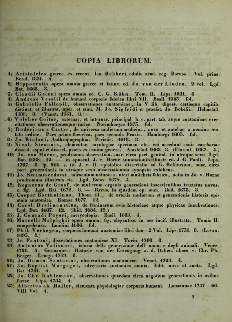 COPIA LIBRORUM. 1) Aristoteles graece ex recens. Iui. Bekkeri edidit acad. reg. Boruss. Yol. prius. Berol. 4831. 4. 2) Hippocratis opera omnia graece et latinc. ed. Jo. van der Linden. 2 vol. Lgd Bat 1665. 8. S 3) Claudii Galeni opera omnia cd. C. G. Kulin. Tom. II. Lips. 1821. 8 4) Andrcac Vcsalii de humani corporis fabrica libri VII. Basii. 1543. fol. 5) Gabrielis Fallopii, observationes anatomicae, in V lib. digest. certisque capitib. distinet, et illustrat, oper. et stud. M. J o. Sigfridi c. praefat. Jo. Bokelii. Ilclmstad. 1588. 8. (Vcnct. 1581. 8.) (Jj Yolcber Coiter, externar. et internar. principal. h. c. part. tab. atque anatomicae exer- citationes observationesque variae. Norimbergac 1573. fol. 7) Rodericus a Castro, de universa mulierum medicina , novo et antehac a nemine ten- talo ordine. Pars prima theorica, pars secunda Praxis. Ilamburgi 1605. fol. 8) Jo. Riolani, Antbropograpbia. I*arisiis. 1618. 8. 9) Nicol. Slenonis, elemenlor. mvologiae specimen ctc. cui accedunt canis earchariae dissccl. caput et disscct. piscis ex canum genere. Amstelod. 1668. 8. (Florent. 1667. 4.) 10) .To. van Horne, prodromus observation. suar, circa part. genital. in utroque sexu. Lgd. Bat. 1668. 12. — in opuscul. J. v. Horne annotationib. illustr. ed. J. G. Pauli. Lips. 1707. 8. *p. 266. s. lit. J. v. II. epistolica dissertatio ad G. Rolfiuciuin, suar, circa part. generationis in utroque sexu observationum svnopsin exhibens. 11) Jo. Swamin erdaini, miraculum naturae s. uteri muliebris fabrica, notis in Jo. v. Horne 1>rodromum illustrata etc. Lgd. Balav. 1672. 4. leguerus de Graaf, de mulierum organis generationi inservientibus tractatus novus, c. fig. Lgd. Bat. 1672. 8. — Recus. in ejusdem op. omn. ibid. 1678. 8. 13) Caspar Bartholinus, Thoin. 111., de ovariis mulierum et generationis historia epi- stola anatomica. Romae 1677. 12. 14) Carol. D r c 1 i n c u rti iis, de feminarum ovis historicae atque physicae lucubrationes. Lgd. Bat. 1687. 12. (ibid. 1684. 12.) 15) J. Conradi Peyeri, mcrycologia. Basii. 1685. 4. 16) Marcelli Malpighii opera omnia, lig. eleganliss. in aes incif. illustrata. Tomis II. comprehensa. Londini 1686. fol. 17) Phil. Verheycn, corporis humani anatomiae libri duo. 2 Vol. Lips. 1731. 8. (Lovan. 1693. 4.) 18) J o. Fantoni, dissertationes anatomicae XI. Turin. 1708. 8. 19) Antonius Valisneri, istoria della generazione dell’ nomo e degli animali. Vcuez. 1721. 4. Germanice: Historie von der Erzeuguug a. d. ltalicn. iibers. v. Chr. Ph. Berger. Lemgo 1759. 8. 20) Jo. Domin. Santorini, observationes anatomicae. Venet. 1724. 4. 21) J o. Rapti st. Morgagni, adversaria anatomica omnia. Edit, nova et aucta. Lgd. Bat. 1741. 4. 22) Jo. Chr. Kuhlemann, observationes quaedam circa negotium generationis in ovibus factae. Lips. 1754. 4. 23) Alhcrtus ab. Hallcr, elementa physiologiae corporis humani. Lausannae 1757 — 66. Vili Vol. 4.