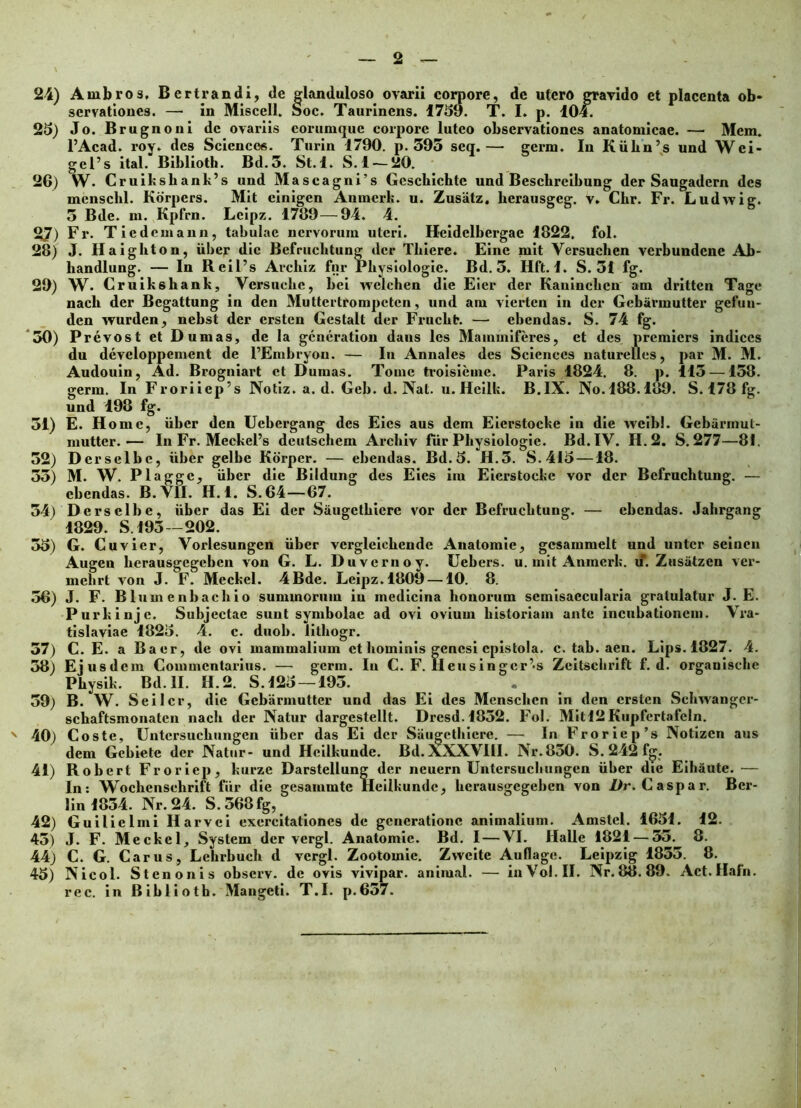 24) Ambros, Bertrandi, de glanduloso ovarii corpore, dc utero gravido et placenta ob* servationes. —• in Miscell. Soc. Taurincns. 1759. T. I. p. 104. 25) Jo. Brugnoni de ovariis eorumque corpore luteo observationes anatomicae. — Mem. 1’Acad. roy. des Sciences. Turin 1790. p. 395 seq.— germ. In Kiilin’s und Wei- gel’s ital. Biblioth. Bd.5. St.l. S.1-—20. 26) W. Cruikshank’s und Mascagni’s Gcscbichte und Beschreibung der Saugadern des mensclil. Korpers. Mit einigen Anmerk. u. Zusatz. herausgeg. v. Chr. Fr. Ludwig. 5 Bde. m. Kpfrn. Lcipz. 1789—94. 4. 2J) Fr. Tiedemann, tabulae nervorum uteri. Heidelbergae 1822. fol. 28) J. Haighton, uber dic Befruchtungdcr Thiere. Eine mit Versuehen verbundene Ab- handlung. — In R eil’s Archiz fnr Physiologie. Bd.5. Hft. 1. S. 31 fg. 29) W. Cruikshank, Versuehc, bci ivelchen die Eier der Kauinclien am dritten Tage nacli der Begattung in den Muttcrtrompctcn, und am vierten in der Gebarmutter gefun- den wurden, nebst der ersten Gestalt der Fruclitr. — ebendas. S. 74 fg. 30) Prevost et Dumas, de la generation dans les Mammiferes, et des premiers indices du developpement de 1’Embryou. — Iu Annales des Sciences naturelles, par M. M. Audouin, Ad. Brogniart et Dumas. Tome troisieinc. Paris 1824. 8. p. 115 — 158. germ. In Froriiep’s Notiz. a. d. Geb. d. Nat. u. Hcilk. B.IX. No.188.189. S. 178 fg. und 198 fg. 51) E. Home, uber den Uebergang des Eics aus dem Eierstocke in die weihl. Gebiirmut- mutter.— In Fr. MeckePs deutschem Archiv fur Pliysiologie. Bd.IV. H.2. S. 277—81. 52) Dcrselbe, liber gelbe Korper. — ebendas. Bd.5. H.3. S. 415 —18. 33) M. W. Plagge, uber die Bildung des Eies ira Eierstocke vor der Bcfruclitung. — ebendas. B.V1I. H.l. S.64 —67. 54) Derselbe, iiber das Ei der Saugethiere vor der Befrucbtung. — ebendas. Jahrgang 1829. S. 193 -202. 55) G. Cuvier, Yorlesungen iiber vcrgleicbende Anatomie, gesammelt und unter seinen Augen kcrausgegebcn von G. L. Duvernoy. Uebers. u. mit Anmcrk. u. Zusiitzcn ver- mebrt von J. F. Meckel. 4Bde. Leipz.1809 —10. 8. 56) J. F. Blum enbacbio summorum in medicina honorum semisaecularia gratulatur J. E. Purkinje. Subjectae sunt symbolae ad ovi ovium historiam ante incubationem. Vra- tislaviae 1825. 4. c. duob. lithogr. 57) C. E. a Baer, de ovi mammalium et hominis genesi epistola, c. tab. aen. Lips. 1827. 4. 58) Ejusdem Commentarius. — germ. In C. F. Heusingcr’s Zcitschrift f. d. organische Pbysik. Bd. II. H.2. S. 125 —193. . 39) B. W. Seilcr, die Gebarmutter und das Ei des Menschcn in den ersten Schwanger- sckaftsmonatcn nacli der Natur dargestellt. Dresd.1852. Fol. Mitl2 Kupfertafcln. 40) Coste, Untersuckungen iiber das Ei der Saugetbiere. — In Froriep’s Notizen aus deni Gebiete der Natur- und Heilkunde. Bd. XXXVIII. Nr.830. S. 242 fg. 41) Robert Froriep, kurze Darstellung der neuern Untersucbungen iiber die Eihaute. — In: Wochensehrift fiir die gesammte Heilkunde, lierausgcgebcn von Dr. Caspar. Bcr- lin!854. Nr. 24. S. 568 fg, 42) Guilielmi Ilarvei exercitationes dc generatione animalium. Amstel. 1651. 12. 43) J. F. Meckel, System der vergi. Anatomic. Bd. I — YI. Halle 1821 — 55. 8. 44) C. G. Carus, Lehrbuch d vergi. Zootomie. Zvveite Auflage. Leipzig 1853. 8. 45) Nicol. St en on is observ. de ovis vivipar. animal. — inVol.II. Nr. 88. 89. Act.Hafn. rec. in Biblioth. Mangeti. T.I. p.657.