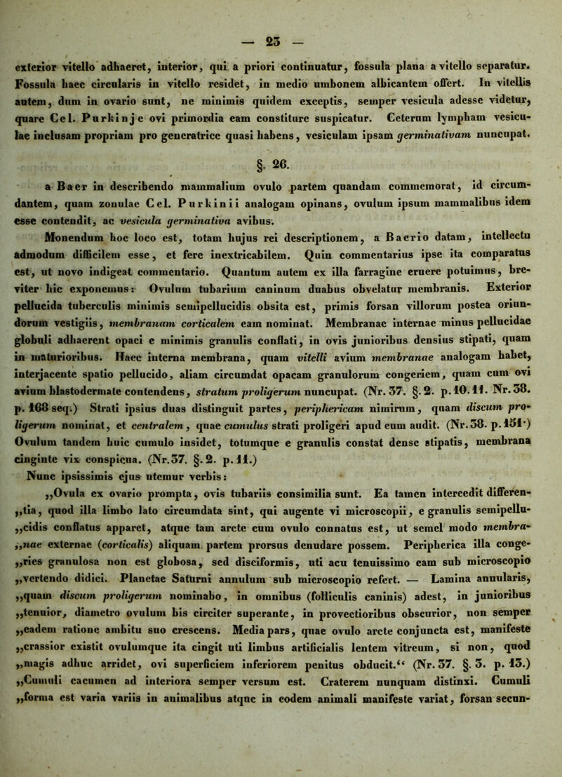 exterior vitello adhaeret, interior, qui a priori continuatur, fossula plana a vitello separatur. Fossula haec circularis in vitello residet, in medio umbonem albicantem offert. In vitellis autem, dum in ovario sunt, ne minimis quidem exceptis, semper vesicula adesse videtur, quare Cei. Purhinjc ovi primordia eam constiturc suspicatur. Ceterum lympham vesicu- lae inclusam propriam pro generatrice quasi habens, vesiculam ipsam germinativam, nuncupat. §• 26. a Baer in describendo mammalium ovulo partem quandam commemorat, id circum- dantem, quam zonulae Cei. Purhinii analogam opinans, ovulum ipsum mammalibus idem esse contendit, ac vesicula germinativa avibus. Monendum hoc loco est, totam hujus rei descriptionem, a Baer io datam, intellectu admodum difficilem esse, et fere inextricabilem. Quin commentarius ipse ita comparatus est, ut novo indigeat commentario. Quantum autem ex illa farragine eruere potuimus, bre- viter hic exponemus: Ovulum tubarium caninum duabus obvelatur membranis. Exterior pellucida tuberculis minimis semipcllucidis obsita est, primis forsan villorum postea oriun- dorum vestigiis, membranam corticalem eam nominat. Membranae internae minus pellucidae globuli adhaerent opaci e minimis granulis conflati, in ovis junioribus densius stipati, quam in maturioribus. Haec interna membrana, quam vitelli avium membranae analogam habet, interjacente spatio pellucido, aliam circumdat opacam granulorum congeriem, quam cum ovi avium blastodcrmate contendens, stratum proligerum nuncupat. (Nr. 37. §.2. p.lO.H. Nr.o8. p. 168 seq.) Strati ipsius duas distinguit partes, -periphericam nimirum, quam discum pro- ligerum nominat, et centralem, quae cumulus strati proligeri apud eum audit. (Nr.58. p.151*) Ovulum tandem huic cumulo insidet, totumque e granulis constat dense stipatis, membrana cingintc vix conspicua. (Nr.37. §.2. p.ll.) Nunc ipsissimis ejus utemur verbis: ,,Ovula ex ovario prompta, ovis tubariis consimilia sunt. Ea tamen intercedit differen- ,,tia, quod illa limbo lato circumdata sint, qui augente vi microscopii, e granulis semipcllu- ,,eidis conflatus apparet, atque tam arcte cum ovulo connatus est, ut semel modo membra- ,,nae externae (corticalis) aliquam partem prorsus denudare possem. Peripherica illa conge- „rics granulosa non est globosa, sed disciformis, uti acu tenuissimo eam sub microscopio „vcrtendo didici. Planetae Saturni annulum sub microscopio refert. — Lamina annularis, „quain discum proligerum nominabo, in omnibus (folliculis caninis) adest, in junioribus „tcnuior, diametro ovulum bis circiter superante, in provectioribus obscurior, non semper ,,eadem ratione ambitu suo crescens. Media pars, quae ovulo arcte conjuncta est, manifeste „crassior existit ovulumque ita cingit uti limbus artificialis lentem vitreum, si non, quod ,,magis adhuc arridet, ovi superficiem inferiorem penitus obducit.<e (Nr. 37. §.5. p. 15.) „Cuinnli cacumen ad interiora semper versum est. Craterem nunquam distinxi. Cumuli „forma est varia variis in animalibus atque in eodem animali manifeste variat, forsan secun-