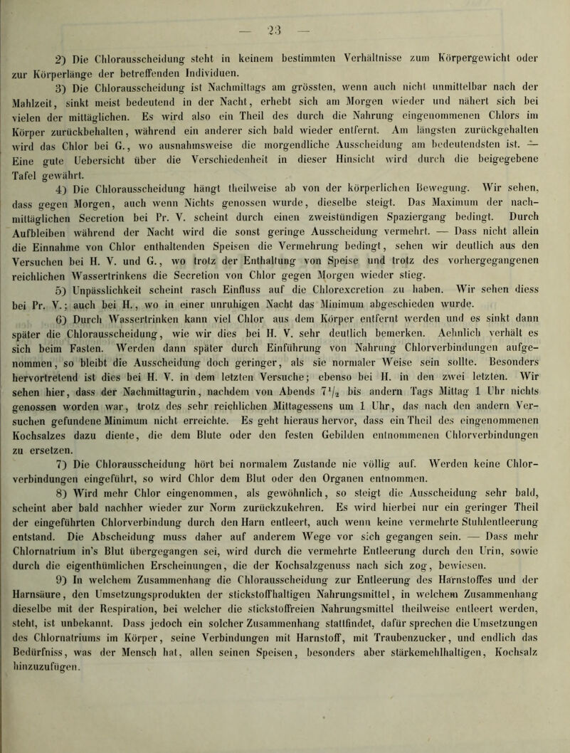 2) Die Chlorausscheidung steht in keinem bestimmten Verhältnisse zum Körpergewicht oder zur Körperlänge der betreffenden Individuen. 3) Die Chlorausscheidung ist Nachmittags am grössten, wenn auch nicht unmittelbar nach der Mahlzeit, sinkt meist bedeutend in der Nacht, erhebt sich am Morgen wieder und nähert sich bei vielen der mittäglichen. Es wird also ein Theil des durch die Nahrung eingenommenen Chlors im Körper zurückbehalten, während ein anderer sich bald wieder entfernt. Am längsten zurückgehalten wird das Chlor bei G., wo ausnahmsweise die morgendliche Ausscheidung am bedeutendsten ist. — Eine gute Uebersicht über die Verschiedenheit in dieser Hinsicht wird durch die beigegebene Tafel gewährt. 4) Die Chlorausscheidung hängt theilweise ab von der körperlichen Bewegung. Wir sehen, dass gegen Morgen, auch wenn Nichts genossen wurde, dieselbe steigt. Das Maximum der nach- mittäglichen Secretion bei Pr. V. scheint durch einen zweistündigen Spaziergang bedingt. Durch Aufbleiben während der Nacht wird die sonst geringe Ausscheidung vermehrt. — Dass nicht allein die Einnahme von Chlor enthaltenden Speisen die Vermehrung bedingt, sehen wir deutlich aus den Versuchen bei H. V. und G., wo trotz der Enthaltung von Speise und trotz des vorhergegangenen reichlichen Wassertrinkens die Secretion von Chlor gegen Morgen wieder stieg. 5) Unpässlichkeit scheint rasch Einfluss auf die Chlorexcretion zu haben. Wir sehen diess bei Pr. V.; auch bei H., wo in einer unruhigen Nacht das Minimum abgeschieden wurde. G) Durch Wassertrinken kann viel Chlor aus dem Körper entfernt werden und es sinkt dann später die Chlorausscheidung, wie wir dies bei H. V. sehr deutlich bemerken. Achnlich verhält es sich beim Fasten. Werden dann später durch Einführung von Nahrung Chlorverbindungen aufge- nommen, so bleibt die Ausscheidung doch geringer, als sie normaler Weise sein sollte. Besonders hervortretend ist dies bei H. V. in dem letzten Versuche; ebenso bei H. in den zwei letzten. Wir sehen hier, dass der Nachmittagurin, nachdem von Abends 71/.. bis andern Tags Mittag 1 Uhr nichts genossen worden war, trotz des sehr reichlichen Mittagessens um 1 Uhr, das nach den andern Ver- suchen gefundene Minimum nicht erreichte. Es geht hieraus hervor, dass ein Theil des eingenommenen Kochsalzes dazu diente, die dem Blute oder den festen Gebilden entnommenen Chlorverbindungen zu ersetzen. 7) Die Chlorausscheidung hört bei normalem Zustande nie völlig auf. Werden keine Chlor- verbindungen eingeführt, so wird Chlor dem Blut oder den Organen entnommen. 8) Wird mehr Chlor eingenommen, als gewöhnlich, so steigt die Ausscheidung sehr bald, scheint aber bald nachher wieder zur Norm zurückzukehren. Es wird hierbei nur ein geringer Theil der eingeführten Chlorverbindung durch den Harn entleert, auch wenn keine vermehrte Stuhlentleerung entstand. Die Abscheidung muss daher auf anderem Wege vor sich gegangen sein. — Dass mehr Chlornatrium in’s Blut übergegangen sei, wird durch die vermehrte Entleerung durch den Urin, sowie durch die eigenthiimlichen Erscheinungen, die der Kochsalzgenuss nach sich zog, bewiesen. 9) In welchem Zusammenhang die Chlorausscheidung zur Entleerung des Harnstoffes und der Harnsäure, den Umsetzungsprodukten der stickstoffhaltigen Nahrungsmittel, in welchem Zusammenhang dieselbe mit der Respiration, bei welcher die stickstoffreien Nahrungsmittel theilweise entleert werden, steht, ist unbekannt. Dass jedoch ein solcher Zusammenhang stattfindet, dafür sprechen die Umsetzungen des Chlornatriums im Körper, seine Verbindungen mit Harnstoff, mit Traubenzucker, und endlich das Bediirfniss, was der Mensch hat, allen seinen Speisen, besonders aber stärkemehlhaltigen, Kochsalz hinzuzufügen.