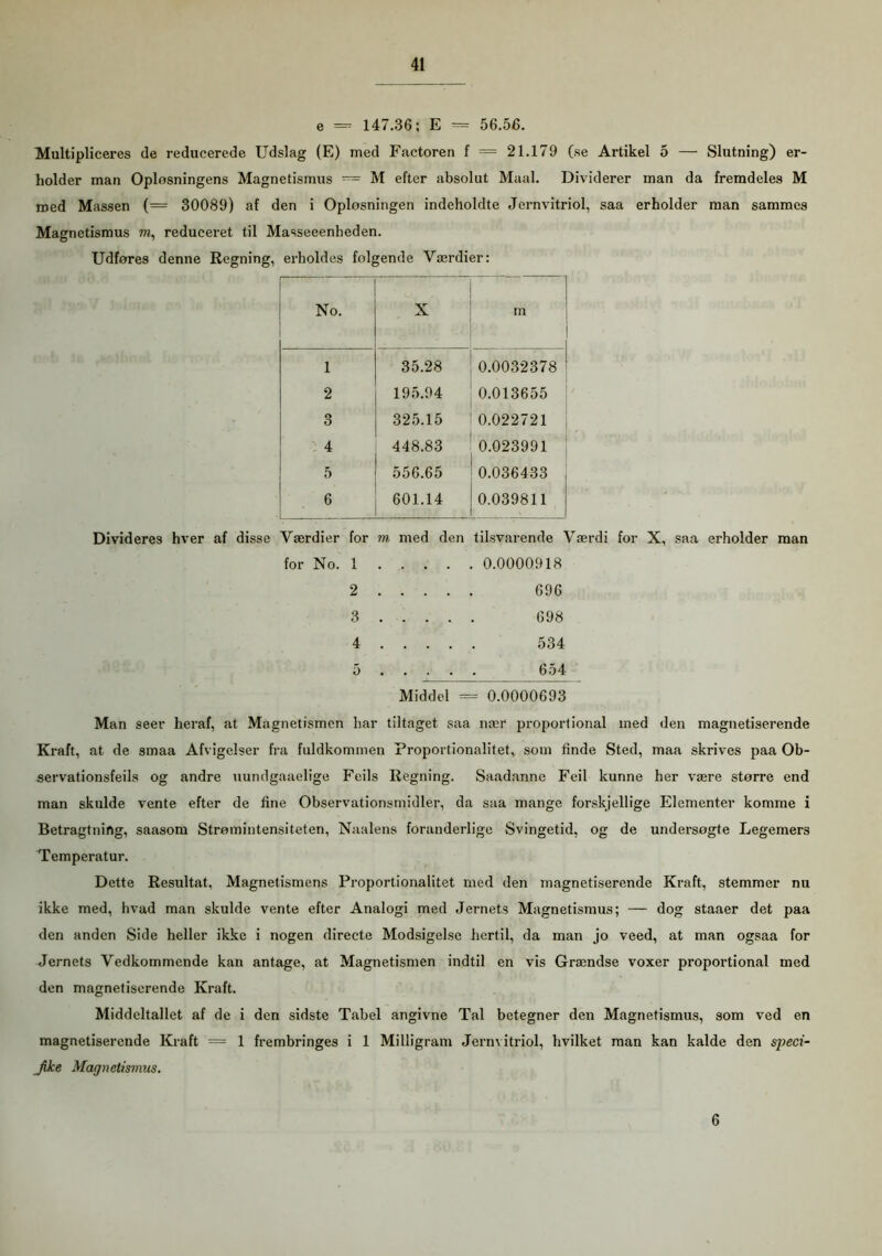 e — 147.36; E = 56.56. Multipliceres de reducerede Udslag (E) med Factoren f == 21.179 (se Artikel 5 — Slutning) er- liolder man Oplosningens Magnetismus = M efter absolut Maal. Dividerer man da fremdeles M roed Massen (= 30089) af den i Oplosningen indeholdte Jernvitriol, saa erholder man sammes Magnetismus vi, reduceret til Masseeenheden. Udfores denne Regning, erholdes folgende Værdier: No. X m 1 35.28 0.0032378 2 195.94 0.013655 o O 325.15 0.022721 4 448.83 0.023991 5 556.65 0.036433 6 601.14 0.039811 Divideres hver af disse Værdier for m, med den tilsvarende Værdi for X, saa erholder man for No. 1 0.0000918 2 696 3 698 4 534 5 654 Middel = 0.0000693 Man seer heraf, at Magnetismen har tiltaget saa nær proportional med den magnetiserende Kraft, at de smaa Afvigelser fra fuldkommen Proportionalitet, som finde Sted, maa skrives paa Ob- servationsfeils og andre uundgaaelige Feils Regning. Saadanne Feil kunne her være større end man skulde vente efter de fine Observationsmidler, da saa mange forskjellige Elementer komme i Betragtning, saasom Strømintensiteten, Naalens foranderlige Svingetid, og de undersøgte Legemers Temperatur. Dette Resultat, Magnetismens Proportionalitet med den magnetiserende Kraft, stemmer nu ikke med, hvad man skulde vente efter Analogi med Jernets Magnetismus; — dog staaer det paa den anden Side heller ikke i nogen directe Modsigelse hertil, da man jo veed, at man ogsaa for Jernets Vedkommende kan antage, at Magnetismen indtil en vis Grændse voxer proportional med den magnetiserende Kraft. Middeltallet af de i den sidste Tabel angivne Tal betegner den Magnetismus, som ved en magnetiserende Kraft '= 1 frembringes i 1 Milligram Jernvitriol, hvilket man kan kalde den speci- Jike Magnetismus. 6