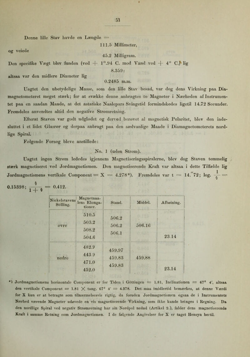 r>3 Denne lille Stav havde en Længde = 111.5 Millimeter, og veiede 45.2 Milligram. Den specifike Vægt blev funden (ved -|- 1°.94 C. mod Vand ved -f- 4° C.^ li< 8.359: altsaa var den midiere Diameter lig 0.2485 m.m. Uagtet den ubetydelige Masse, som den lille Stav besad, var dog dens Virkning paa Dia- magnetometeret meget stærk; for at svække denne anbragtes to Magneter i Nærheden af Instrumen- tet paa en saadan Maade, at det astatiske Naalepars Svingetid formindskedes ligetil 14.72 Secunder. Fremdeles anvendtes altid den negative Strømretning. Efterat Staven var godt udglødet og derved berøvet al magnetisk Polaritet, blev den inde- sluttet i et lidet Glasrør og derpaa anbragt paa den sædvanlige Maade i Diamagnetometerets nord- lige Spiral. Følgende Forsøg bleve anstillede: No. 1 (uden Strøm). Uagtet ingen Strøm lededes igjennem Magnetiseringsspiralerne, blev dog Staven temmelig stærk magnetiseret ved Jordmagnetismen. Den magnetiserende Kraft var altsaa i dette Tilfælde lig Jordmagnetismens vertikale Component = X = 4.278*). Fremdeles var t = 14. 72; log. => 0.15398; —— = 0.412. Nickelstavens Stilling. Magnetnaa- lens Elonga- tioner. 1 Stand. i Middel. | Afbøining. ovre 510.5 503.2 508.2 504.6 506.2 506.2 506.1 506.16 ■ 23.14 nedre 482.9 443 9 471.0 452.0 459.97 459.83 459.83 459.88 1 23.14 *1 Jordmagnetismens horizontalc Component er for Tiden i Gottingen = 1.81, Inclinationen = 67° 4', altsaa den vertikale Component = 1.81 X tang. 67° 4' = 4.278. Det maa imidlertid bemærkes, at denne Værdi for X kun er at betragte som tilnærmelsesvis rigtig, da foruden Jordmagnetismen ogsaa de i Instrumentets Nærhed værende Magneter udøvedc en vis magnetiserende Virkning, som ikke kunde bringes i Regning. Da den nordlige Spiral ved negativ Strømretning har sin Nordpol nedad (Artikel 2.), falder dens magnetiserende Kraft i samme Retning som Jordmagnetismen. I de følgende Angivelser for X er taget Hensyn hertil.