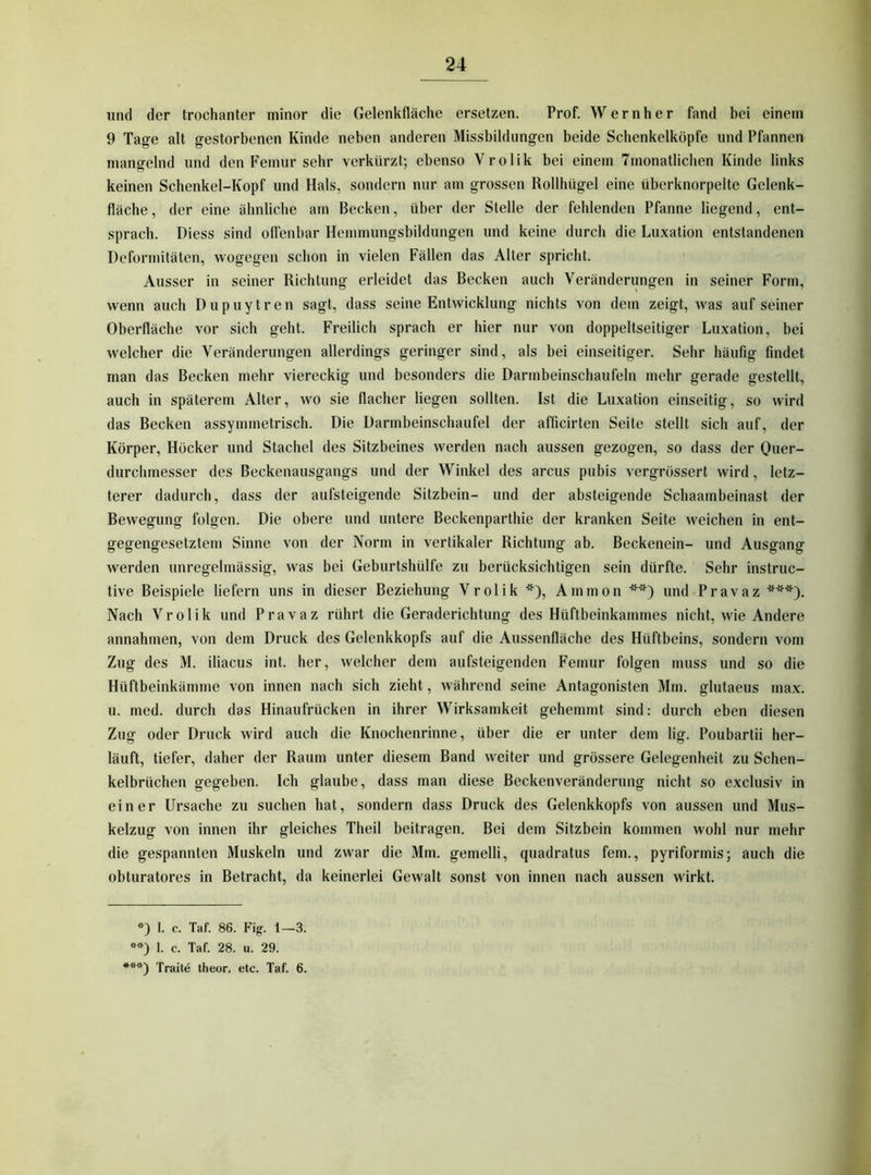 und der trochanter minor die Gelenkfläche ersetzen. Prof. Wernher fand bei einem 9 Tage alt gestorbenen Kinde neben anderen Missbildungen beide Schenkelköpfe und Pfannen mangelnd und den Femur sehr verkürzt; ebenso Vrolik bei einem Tmonatlichen Kinde links keinen Schenkel-Kopf und Hals, sondern nur am grossen Rollhügel eine überknorpelte Gelenk- fläche, der eine ähnliche am Becken, über der Stelle der fehlenden Pfanne liegend, ent- sprach. Diess sind oll'enbar Hennnungsbildungen und keine durch die Luxation entstandenen Deformitäten, wogegen schon in vielen Fällen das Alter spricht. Ausser in seiner Richtung erleidet das Becken auch Veränderungen in seiner Form, wenn auch Dupuytren sagt, dass seine Entwicklung nichts von dem zeigt, was auf seiner Oberfläche vor sich geht. Freilich sprach er hier nur von doppeltseitiger Luxation, bei welcher die Veränderungen allerdings geringer sind, als bei einseitiger. Sehr häufig findet man das Becken mehr viereckig und besonders die Darmbeinschaufeln mehr gerade gestellt, auch in späterem Alter, wo sie flacher liegen sollten. Ist die Luxation einseitig, so wird das Becken assyinmetrisch. Die Darmbeinschaufel der afficirten Seite stellt sich auf, der Körper, Höcker und Stachel des Sitzbeines werden nach aussen gezogen, so dass der Quer- durchmesser des Beckenausgangs und der Winkel des arcus pubis vergrössert wird, letz- terer dadurch, dass der aufsteigende Sitzbein- und der absteigende Schaambeinast der Bewegung folgen. Die obere und untere Beckenparthie der kranken Seite weichen in ent- gegengesetztem Sinne von der Norm in vertikaler Richtung ab. Beckenein- und Ausgang werden unregelmässig, was bei Geburtshülfe zu berücksichtigen sein dürfte. Sehr instruc- tive Beispiele liefern uns in dieser Beziehung Vrolik *), Ammon **) und Pravaz Nach Vrolik und Pravaz rührt die Geraderichtung des Hüftbeinkammes nicht, wie Andere annahmen, von dem Druck des Gclenkkopfs auf die Aussenfläche des Hüftbeins, sondern vom Zug des M. iliacus int. her, welcher dem aufsteigenden Femur folgen muss und so die Hüftbeinkämme von innen nach sich zieht, während seine Antagonisten Mm. glutaeus max. u. med. durch das Hinaufrücken in ihrer Wirksamkeit gehemmt sind: durch eben diesen Zug oder Druck wird auch die Knochenrinne, über die er unter dem lig. Poubartii her- läuft, tiefer, daher der Raum unter diesem Band weiter und grössere Gelegenheit zu Schen- kelbrüchen gegeben. Ich glaube, dass man diese Beckenveränderung nicht so exclusiv in einer Ursache zu suchen hat, sondern dass Druck des Gelenkkopfs von aussen und Mus- kelzug von innen ihr gleiches Theil beitragen. Bei dem Sitzbein kommen wohl nur mehr die gespannten Muskeln und zwar die Mm. gemelli, quadratus fern., pyriformis; auch die obturatores in Betracht, da keinerlei Gewalt sonst von innen nach aussen wirkt. «) 1. c. Taf. 86. Fig. 1—3. 1. c. Taf. 28. u. 29. ***) Traite theor. etc. Taf. 6.