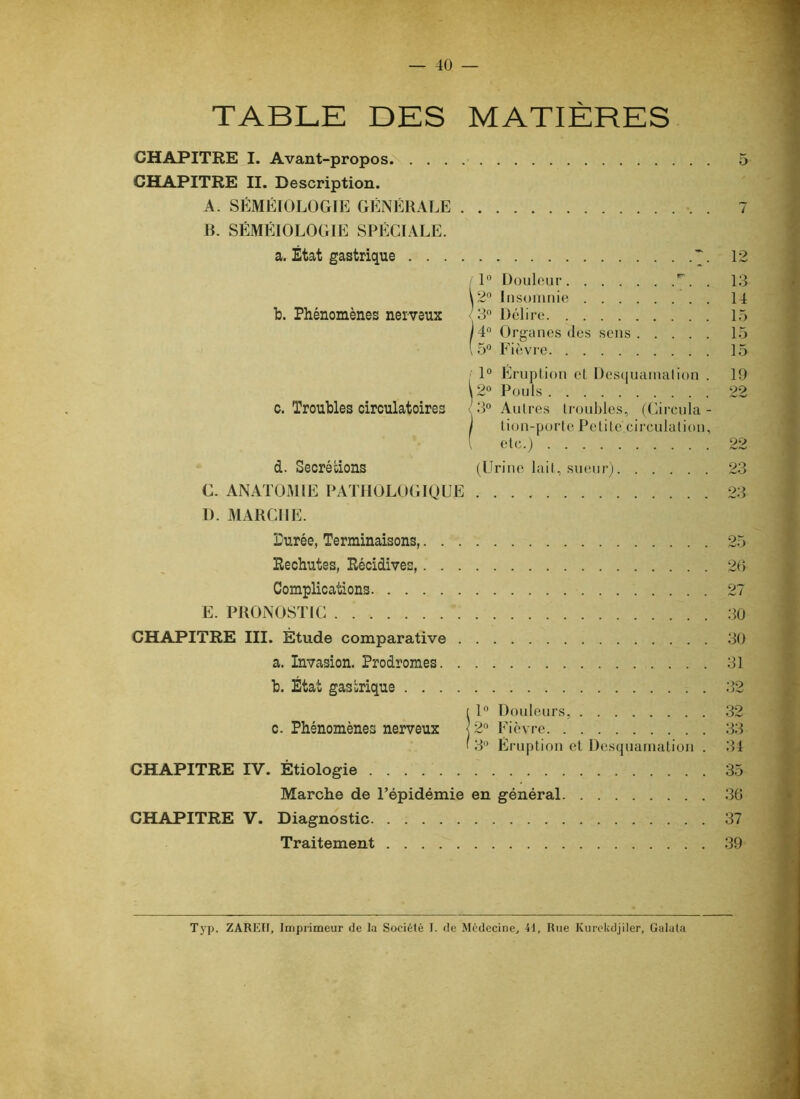 TABLE DES MATIÈRES CHAPITRE I. Avant-propos 5 CHAPITRE II. Description. A. SÉMÉIOLOGIE GÉNÉRALE 7 IL SÉMÉIOLOGIE SPÉCIALE. a. État gastrique 12 / 1 Douleur . 13 \2® Insouinie 14 b. Phénomènes nerveux < 3» Délire 15 /4 Organes des sens 1 l 5° Fièvre 1 1° Éruption et Des(|uanuilion . 19 \2° Pouls 22 c. Troubles circulatoires / 3® Autres troubles, (Circula- I lion-porte Pelité.circulation, { etc.) 22 d. Secrétions (Urine lait, sueur) 23 C. ANATOMIE PATHOLOGIQUE 23 I). MARCHE. Durée, Terminaisons, 25 Rechutes, Récidives, 20 Complications 27 E. PRONOSTIC .30 CHAPITRE III. Étude comparative 30 a. Invasion. Prodromes 31 b. État gastrique .32 I 1” Douleurs, 32 c. Phénomènes nerveux 12 Fièvre 33 13 Éruption et Desquamation . .31 CHAPITRE IV. Étiologie 35 Marche de l’épidémie en général 30 CHAPITRE V. Diagnostic 37 Traitement 39 Typ. ZAREH, Imprimeur de la Société I. de Médecine^ 41, Rue Kiirokdjiler, Galuta 0< C<