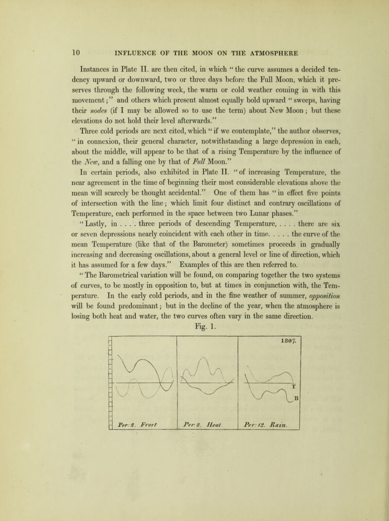 Instances in Plate II. are then cited, in which “ the curve assumes a decided ten- dency upward or downward, two or three days before the Full Moon, which it pre- serves through the following week, the warm or cold weather coming in with this movement;” and others which present almost equally bold upward “ sweeps, having their nodes (if I may be allowed so to use the term) about New Moon; but these elevations do not hold their level afterwards.” Three cold periods are next cited, which “ if we contemplate,” the author observes, “ in connexion, their general character, notwithstanding a large depression in each, about the middle, will appear to be that of a rising Temperature by the influence of the New, and a falling one by that of Full Moon.” In certain periods, also exhibited in Plate II. “of increasing Temperature, the near agreement in the time of beginning their most considerable elevations above the mean will scarcely be thought accidental.” One of them has “ in effect five points of intersection with the line; which limit four distinct and contrary oscillations of Temperature, each performed in the space between two Lunar phases.” “Lastly, in ... . three periods of descending Temperature, .... there are six or seven depressions nearly coincident with each other in time the curve of the mean Temperature (like that of the Barometer) sometimes proceeds in gradually increasing and decreasing oscillations, about a general level or line of direction, which it has assumed for a few days.” Examples of this are then referred to. “ The Barometrical variation will be found, on comparing together the two systems of curves, to be mostly in opposition to, but at times in conjunction with, the Tem- perature. In the early cold periods, and in the fine weather of summer, opposition will be found predominant; but in the decline of the year, when the atmosphere is losing both heat and water, the two curves often vary in the same direction.