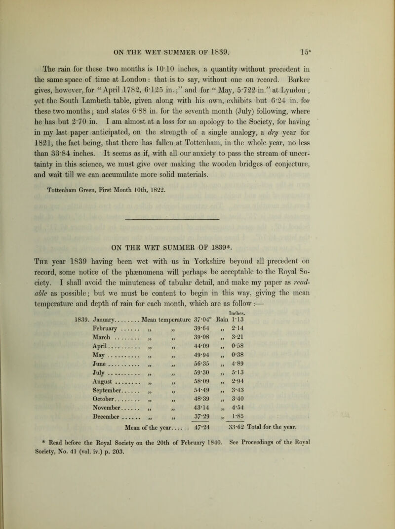 The rain for these two months is 10T0 inches, a quantity without precedent in the same space of time at London : that is to say, without one on record. Barker gives, however, for “April 1782, 0-125 in.and for “ May, 5'722 in.” at Lyndon ; yet the South Lambeth table, given along with his own, exhibits but 0-24 in. for these two months; and states 0'88 in. for the seventh month (July) following, where he has but 2’70 in. I am almost at a loss for an apology to the Society, for having in my last paper anticipated, on the strength of a single analogy, a dry year for 1821, the fact being, that there has fallen at Tottenham, in the whole year, no less than 33'84 inches. It seems as if, with all our anxiety to pass the stream of uncer- tainty in this science, we must give over making the wooden bridges of conjecture, and wait till we can accumulate more solid materials. Tottenham Green, First Month 10th, 1822. ON THE WET SUMMER OF 1839*. The year 1839 having been wet with us in Yorkshire beyond all precedent on record, some notice of the phenomena will perhaps be acceptable to the Royal So- ciety. I shall avoid the minuteness of tabular detail, and make my paper as read- able as possible; but we must be content to begin in this way, giving the mean temperature and depth of rain for each month, which are as follow :— 1839. January... February . 99 39-64 March .. . 99 39-08 April 99 44-09 May 99 49-94 June 99 56-35 July 99 59-30 August .., 99 58-09 September. 99 54-49 October.. . 99 48-39 November. 99 43-14 December . 99 37-29 Mean of the year.... .. 47-24 Inches. Ram 1-13 99 99 2- 14 3- 21 0-58 0-38 4- 89 5- 13 2-94 ,, 3'43 „ 3-40 „ 4-54 „ 1-85 * Read before the Royal Society on the 20th of February 1840. Society, No. 41 (vol. iv.) p. 203. 33-62 Total for the year. See Proceedings of the Royal