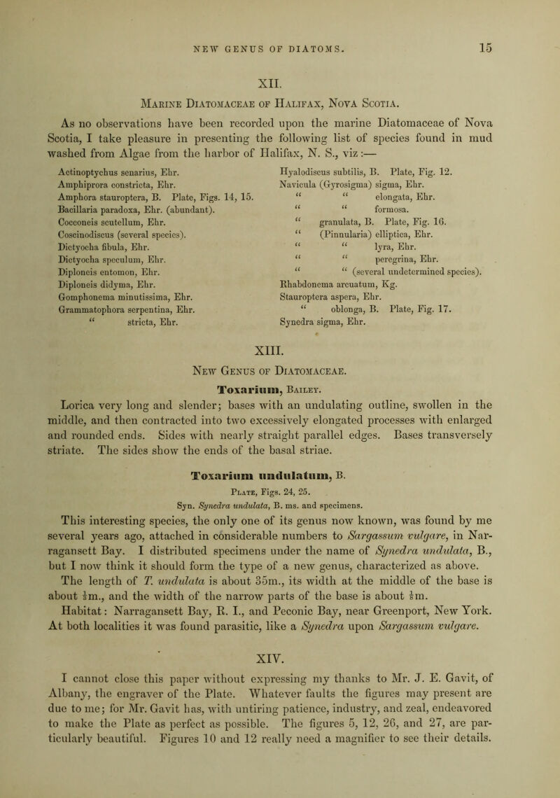 XII. Marine Diatomaceae of Halifax, Nova Scotia. As no observations have been recorded upon the marine Diatomaceae of Nova Scotia, I take pleasure in presenting the following list of species found in mud washed from Algae from the harbor of Halifax, N. S., viz;— Hyalodiscus subtilis, B. Plate, Fig. 12. Navicula (Gyrosigma) sigma, Bhr. 15. “ “ elongata, Ehr. “ “ formosa. ‘‘ granulata, B. Plate, Fig. IG. “ (Pinnularia) elliptica, Ehr. “ “ lyra, Ehr. “ “ peregrina, Ehr. “ “ (several undetermined species). Rhabdonema arcuatum, Kg. Stauroptera aspera, Ehr. oblonga, B. Plate, Fig. 17. Synedra sigma, Ehr. XIII. New Genus of Diatomaceae. Toxarium, Bailey. Lorica very long and slender; bases with an undulating outline, swollen in the middle, and then contracted into two excessively elongated processes with enlarged and rounded ends. Sides with nearly straight parallel edges. Bases transversely striate. The sides show the ends of the basal striae. Toxarium undiilatiim, B. Plate, Figs. 24, 25. Syn. Synedra undulata, B. ms. and specimens. This interesting species, the only one of its genus now known, was found by me several years ago, attached in considerable numbers to Sargassum vulgare, in Nar- ragansett Bay. I distributed specimens under the name of Synedra undulata, B., but I now think it should form the type of a new genus, characterized as above. The length of T. undulata is about 35m., its width at the middle of the base is about Im., and the width of the narrow parts of the base is about im. Habitat: Narragansett Bay, R. I., and Peconic Bay, near Greenport, New York. At both localities it was found parasitic, like a Synedra upon Sargassum vulgare. XIV. I cannot close this paper without expressing my thanks to Mr. J. E. Gavit, of Albany, the engraver of the Plate. Whatever faults the figures may present are due to me; for Mr. Gavit has, with untiring patience, industry, and zeal, endeavored to make the Plate as perfect as possible. The figures 5, 12, 26, and 27, are par- ticularly beautiful. Figures 10 and 12 really need a magnifier to see their details. Actinoptychus senarius, Ehr. Amphiprora eonstricta, Ehr. Amphora stauroptera, B. Plate, Figs. 14, Bacillaria paradoxa, Ehr. (abundant). Cocconeis scutellum, Ehr. Coscinodiscus (several species). Bictyocha fibula, Ehr. Dictyocha speculum, Ehr. Diploncis entomon, Ehr. Diploneis didyma, Ehr. Gomphonema minutissima, Ehr. Grammatophora serpentina, Ehr. ‘‘ stricta, Ehr.