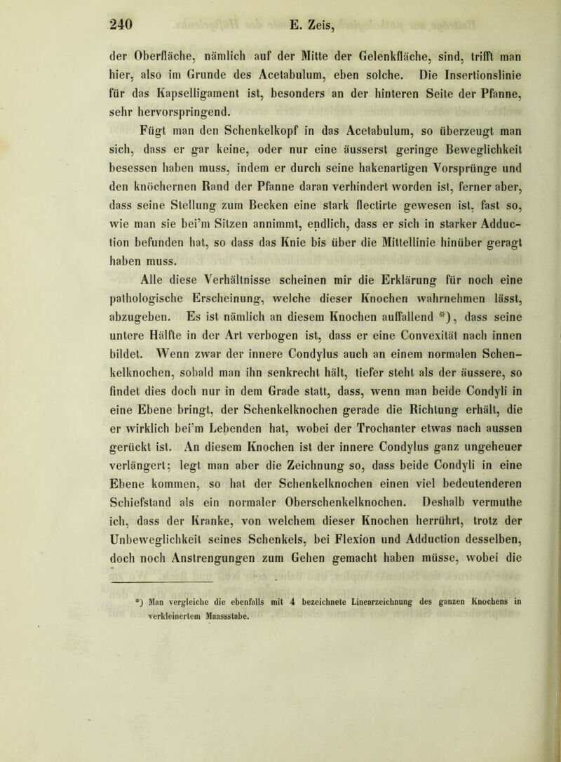 der Oberfläche, nämlich auf der Mitte der Gelenkfläche, sind, trifft man hier, also im Grunde des Acetabulum, eben solche. Die Insertionslinie für das Kapselligament ist, besonders an der hinteren Seite der Pfanne, sehr hervorspringend. Fügt man den Schenkelkopf in das Acetabulum, so überzeugt man sich, dass er gar keine, oder nur eine äusserst geringe Beweglichkeit besessen haben muss, indem er durch seine hakenartigen Vorsprünge und den knöchernen Rand der Pfanne daran verhindert worden ist, ferner aber, dass seine Stellung zum Becken eine stark flectirte gewesen ist, fast so, wie man sie bei’m Sitzen annimmt, endlich, dass er sich in starker Adduc- tion befunden hat, so dass das Knie bis über die Mittellinie hinüber geragt haben muss. Alle diese Verhältnisse scheinen mir die Erklärung für noch eine pathologische Erscheinung, welche dieser Knochen wahrnehmen lässt, abzugeben. Es ist nämlich an diesem Knochen auffallend *”), dass seine untere Hälfte in der Art verbogen ist, dass er eine Convexität nach innen bildet. Wenn zwar der innere Condylus auch an einem normalen Schen- kelknochen, sobald man ihn senkrecht hält, tiefer steht als der äussere, so findet dies doch nur in dem Grade statt, dass, wenn man beide Condyli in eine Ebene bringt, der Schenkelknochen gerade die Richtung erhält, die er wirklich bei’m Lebenden hat, wobei der Trochanter etwas nach aussen gerückt ist. An diesem Knochen ist der innere Condylus ganz ungeheuer verlängert; legt man aber die Zeichnung so, dass beide Condyli in eine Ebene kommen, so hat der Schenkelknochen einen viel bedeutenderen Schiefstand als ein normaler Oberschenkelknochen. Deshalb vermuthe ich, dass der Kranke, von welchem dieser Knochen herrührt, trotz der Unbeweglichkeit seines Schenkels, bei Flexion und Adduction desselben, doch noch Anstrengungen zum Gehen gemacht haben müsse, wobei die *) Man vergleiche die ebenfalls mit 4 bezeichnte Linearzeichnung des ganzen Knochens in verkleinertem Maassstabe.