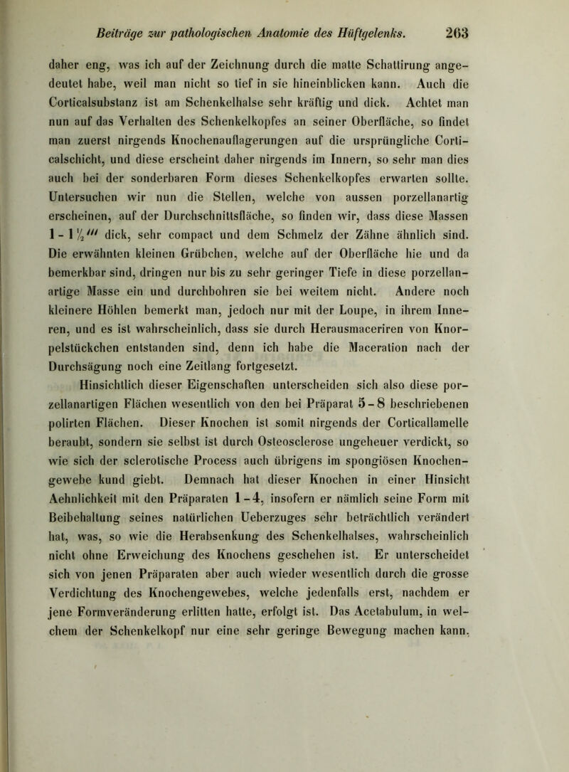 daher eng, was ich auf der Zeichnung durch die matte Schattirung ange- deutet habe, weil man nicht so tief in sie hineinblicken kann. Auch die Corticalsubstanz ist am Schenkelhälse sehr kräftig und dick. Achtet man nun auf das Verhalten des Schenkelkopfes an seiner Oberfläche, so findet man zuerst nirgends Knochenauflagerungen auf die ursprüngliche Corti- calschicht, und diese erscheint daher nirgends im Innern, so sehr man dies auch bei der sonderbaren Form dieses Schenkelkopfes erwarten sollte. Untersuchen wir nun die Stellen, welche von aussen porzellanartig erscheinen, auf der Durchschnittsfläche, so finden wir, dass diese Massen l-l'/2y// dick, sehr compact und dem Schmelz der Zähne ähnlich sind. Die erwähnten kleinen Grübchen, welche auf der Oberfläche hie und da bemerkbar sind, dringen nur bis zu sehr geringer Tiefe in diese porzellan- artige Masse ein und durchbohren sie bei weitem nicht. Andere noch kleinere Höhlen bemerkt man, jedoch nur mit der Loupe, in ihrem Inne- ren, und es ist wahrscheinlich, dass sie durch Herausmaceriren von Knor- pelstückchen entstanden sind, denn ich habe die Maceration nach der Durchsägung noch eine Zeitlang fortgesetzt. Hinsichtlich dieser Eigenschaften unterscheiden sich also diese por- zellanarligen Flächen wesentlich von den bei Präparat 5-8 beschriebenen polirten Flächen. Dieser Knochen ist somit nirgends der Corticailamelle beraubt, sondern sie selbst ist durch Osteosclerose ungeheuer verdickt, so wie sich der sclerotische Process auch übrigens im spongiösen Knochen- gewebe kund giebt. Demnach hat dieser Knochen in einer Hinsicht Aehnlichkeit mit den Präparaten 1-4, insofern er nämlich seine Form mit Beibehaltung seines natürlichen Ueberzuges sehr beträchtlich verändert hat, was, so wie die Herabsenkung des Schenkelhalses, wahrscheinlich nicht ohne Erweichung des Knochens geschehen ist. Er unterscheidet sich von jenen Präparaten aber auch wieder wesentlich durch die grosse Verdichtung des Knochengewebes, welche jedenfalls erst, nachdem er jene Formveränderung erlitten hatte, erfolgt ist. Das Acetabulum, in wel- chem der Schenkelkopf nur eine sehr geringe Bewegung machen kann.