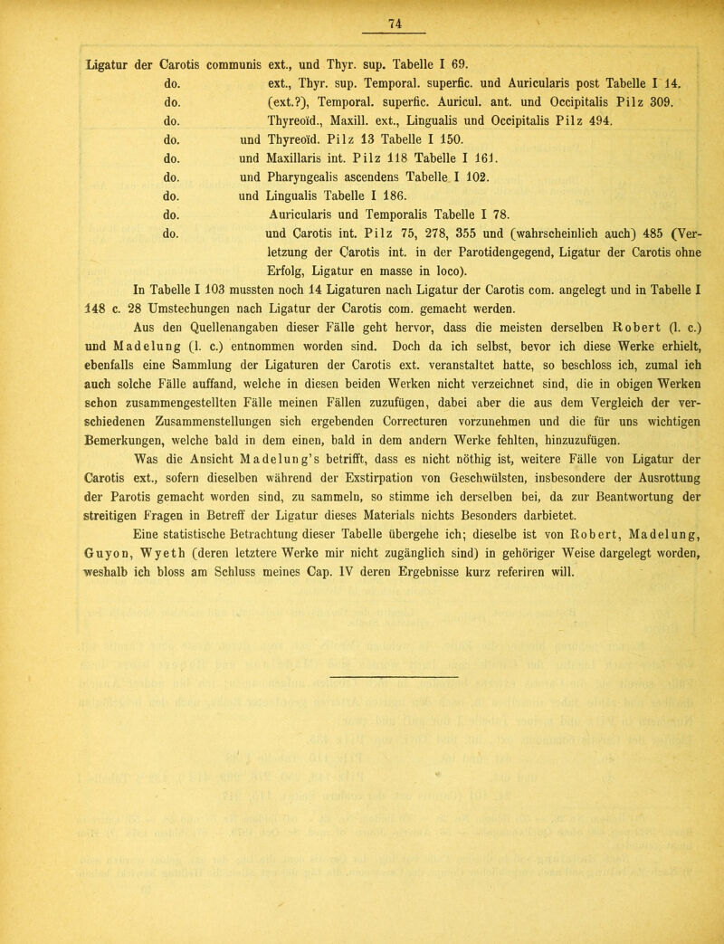 Ligatur der Carotis communis ext., und Thyr. sup. Tabelle I 69. do. ext., Thyr. sup. Temporal, superfic. und Auricularis post Tabelle I 14. do. (ext.?), Temporal, superfic. Auricul. ant. und Occipitalis Pilz 309. do. Thyreoid., Maxill. ext., Lingualis und Occipitalis Pilz 494. do. und Thyreoid. Pilz 13 Tabelle I 150. do. und Maxillaris int. Pilz 118 Tabelle I 161. do. und Pharyngealis ascendens Tabelle I 102. do. und Lingualis Tabelle I 186. do. Auricularis und Temporalis Tabelle I 78. do. und Carotis int. Pilz 75, 278, 355 und (wahrscheinlich auch) 485 (Ver- letzung der Carotis int. in der Parotidengegend, Ligatur der Carotis ohne Erfolg, Ligatur en masse in loco). In Tabelle I 103 mussten noch 14 Ligaturen nach Ligatur der Carotis com. angelegt und in Tabelle I 448 c. 28 Umstechungen nach Ligatur der Carotis com. gemacht werden. Aus den Quellenangaben dieser Fälle geht hervor, dass die meisten derselben Robert (1. c.) und Madelung (1. c.) entnommen worden sind. Doch da ich selbst, bevor ich diese Werke erhielt, ebenfalls eine Sammlung der Ligaturen der Carotis ext. veranstaltet hatte, so beschloss ich, zumal ich auch solche Fälle auffand, welche in diesen beiden Werken nicht verzeichnet sind, die in obigen Werken schon zusammengestellten Fälle meinen Fällen zuzufügen, dabei aber die aus dem Vergleich der ver- schiedenen Zusammenstellungen sich ergebenden Correcturen vorzunehmen und die für uns wichtigen Bemerkungen, welche bald in dem einen, bald in dem andern Werke fehlten, hinzuzufügen. Was die Ansicht Madelung’s betrifft, dass es nicht nöthig ist, weitere Fälle von Ligatur der Carotis ext., sofern dieselben während der Exstirpation von Geschwülsten, insbesondere der Ausrottung der Parotis gemacht worden sind, zu sammeln, so stimme ich derselben bei, da zur Beantwortung der streitigen Fragen in Betreff der Ligatur dieses Materials nichts Besonders darbietet. Eine statistische Betrachtung dieser Tabelle übergehe ich; dieselbe ist von Robert, Madelung, Guyon, Wyeth (deren letztere Werke mir nicht zugänglich sind) in gehöriger Weise dargelegt worden, weshalb ich bloss am Schluss meines Cap. IV deren Ergebnisse kurz referiren will.