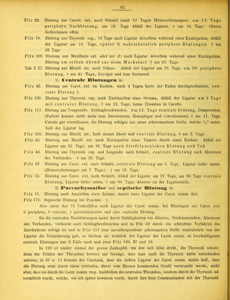 periphe’re Nachblutung, am 13. Tage Abfall der Ligatur, f am 56. Tage. Oberes Gefässlumen offen. Pilz 78. Blutung aus Thyreoid. sup., 13 Tage nach Ligatur derselben während einer Exstirpation, Abfall der Ligatur am 14. Tage, später 2 wahrscheinlich periphere Blutungen, f am 62 Tage. Pilz 109. Blutung aus Maxillaris ext. oder int. (?) nach Ligatur derselben während einer Exstirpation, Blutung am selben Abend aus einem Muskelast. f am 62. Tage. Tab. I 27. Blutung aus Maxill. int. nach Schuss. Abfall der Ligatur am 19. Tage, am 20. periphere Blutung, f am 41. Tage, Erysipel und lose Gerinnsel. 2) Centrale l§9ut sengen in: Pilz 42. Blutung aus Carot. ext. im Rachen, nach 4 Tagen hatte der Faden durchgeschnitten, cen- trale Blutung f. Pilz 120. Blutung aus Thyreoid. sup. nach Exstirpation eines Struma, Abfall der Ligatur am 9 Tage mit centraler Blutung, f am 12. Tage; keine Thomben in Carotis. Pilz 111. Blutung aus Temporalis. Schlingbeschwerden. Am 11. Tage centrale Blutung, Compression. (Patient kommt nicht mehr zum Bewusstsein, Hemiplegie und Convulsionen), f am 11. Tage. Carotis gut verschlossen, die Blutung erfolgte aus einer atheromatösen Stelle, welche y2 unter- halb der Ligatur lag. Pilz 105. Blutung aus Maxill. int., bald darauf Abort und centrale Blutung, f am 2. Tage. Pilz 43. Blutung aus Maxill. ext. nach Exstirpation eines Tumors durch einen Barbier. Abfall der Ligatur am 12. Tage, am 16. Tage nach Stiefelausziehen Blutung und Tod. Pilz 44. Blutung aus Thyreoid. sup. und Lingualis nach Schnitt, centrale Blutung nach Abreissen des Verbandes, f am 33. Tage. Pilz 37. Blutung aus Carot. ext. nach Schnitt, centrale Blutung am 6. Tage, Ligatur tiefer unten. (Hirnerscheiuungen am 7. Tage), f am 12. Tage. Pilz 13. Blutung aus Carot. ext. nach Schnitt, Abfall der Ligatur am 21. Tage, am 30. Tage centrale Blutung, Ligatur tiefer unten, f am 60. Tage, Abscess an der Ligaturstelle. 3) JPas'enehyanatnse und septisclic Ulnteang in: Pilz 11. Blutung nach Ausziehen eines Zahnes, dauert trotz Ligatur der Carot. comm. fort. Pilz 171. Septische Blutung bei Pyaemie f. Also unter den 75 Todesfällen nach Ligatur der Carot. comm. bei Blutungen aus Carot. ext. 6 periphere, 8 centrale, 1 parenchymatöse und eine septische Blutung. Da die centralen Nachblutungen meist durch Zufälligkeiten wie Abortus, Stiefelausziehen, Abreissen des Verbandes, vielleicht auch Schlingbeschwerden und in Pilz 42 durch ein schlechtes Verfahren des Zuschnürens erfolgt ist und in Pilz 111 eine unvorhergesehene atheromatöse Stelle centralwärts von der Ligatur die Veranlassung gab, so bleiben als wirklich der Ligatur der Carot. comm. zu beschuldigende centrale Blutungen nur 3 Fälle nach und zwar Pilz 120, 37 und 13. In 120 ist wieder einmal der grosse Zankapfel, um den sich Alles dreht, die Thyreoid. schuld; denn das Fehlen der Thromben beweist zur Genüge, dass man auch die Thyreoid. hätte unterbinden müssen; in 37 u. 13 beweist der Umstand, dass die tiefere Ligatur der Carot. comm. nichts half, dass die Blutung zwar durch einen centralen, direct vom Herzen kommenden Strahl verursacht wurde, nicht aber, dass sie durch die Carot. comm. resp. Ausbleiben des centralen Thrombus, sondern durch die Thyreoid. inf. vermittelt wurde, welche, wie ich später beweisen werde, durch ihre freie Communication mit der Thyreoid.