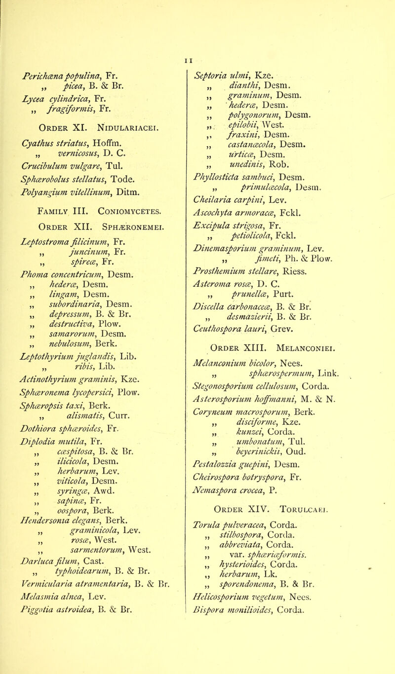 Perichcena populina, Fr. „ picea, B. & Br. Lycea cylindrica, Fr. „ fragiformis, Fr. Order XI. Nidulariacei. Cyathus striatus, Hofifm. „ vernicosus, D. C. Crucibulum vulgare, Tul. Sphcerobolus stellatus, Tode. Polyangium vitellinum, Ditm. Family III. Coniomycetes. Order XII. Sph^eronemei. Leptostroma filicinum, Fr. ,, juncinum, Fr. „ spirece, Fr. Phoma concentricum, Desm. ,, hederce, Desm. „ lingam, Desm. „ subordinaria, Desm. „ depressum, B. & Br. „ destructiva, Plow. „ samarorum, Desm. „ nebulosum, Berk. Leptothyrium juglandis, Lib. „ nfe, Lib. Actinothyrium graminis, Kze. Sphceronema lycopersici', Plow. Splicer op sis taxi, Berk. „ alismaiis, Curr. Dothiora spliceroides, Fr. Diplodia mutila, Fr. ,, ccespitosa, B. & Br. „ ilicicola, Desm. „ lierbarum, Lev. ,, viticola, Desm. „ syringee, Awd. „ sapince, Fr. „ oospora, Berk. Header soma elegans, Berk. „ graminicola, Lev. ,, West. ,, sarmentorum, West. Darluca jilum, Cast. ,, typhoidearum, B. & Br. Vermicularia atramentaria, B. & Br. Melasmia alnea, Lev. Piggotia astroidea, B. & Br. Septoria ulmi, Kze. „ dianthi, Desm. „ graminum, Desm. „ ' hederce, Desm. ,, polygonorum, Desm. epilobii, A Vest. ,, fraxini, Desm. „ castancecola, Desm. „ urticce, Desm. „ unedinis, Rob. Phyllosticta sambuci, Desm. „ primulcecola, Desm. Cheilaria carpini, Lev. Ascochyta armoracce, Fckl. Excipula strigosa, Fr. „ petiolicola, Fckl. Dinemasporium graminum, Lev. ,, Jimeti, Ph. & Plow. Prosthemium stellare, Riess. Asteroma rosce, D. C. „ prunellce, Part. Discella carbonacece, B. & Br. „ desmazierii, B. & Br. Ceuthospora lauri\ Grev. Order XIII. Melanconiei. Melanconium bicolor, Nees. „ splicerospermum, Link. Stegonosporium cellulosum, Corda. Asterosporium hoffmanni, M. & N. Coryneum macrosporum, Berk. „ diseif or me, Kze. „ kunzei, Corda. „ umbonatum, Tul. „ beyerinickii, Oud. Pestalozzia guepini, Desm. Cheirospora botryspora, Fr. Nemaspora crocea, P. Order XIV. Torulcaei. Torula pulveracea, Corda. ,, stilbospora, Corda. „ abbreviata, Corda. ,, var. sphcericeformis. „ hysterioides, Corda. ,, herb arum, Lk. „ sporendonema, B. & Br. Helicosporium vegetum, Nees. Bispora monilioides, Corda.