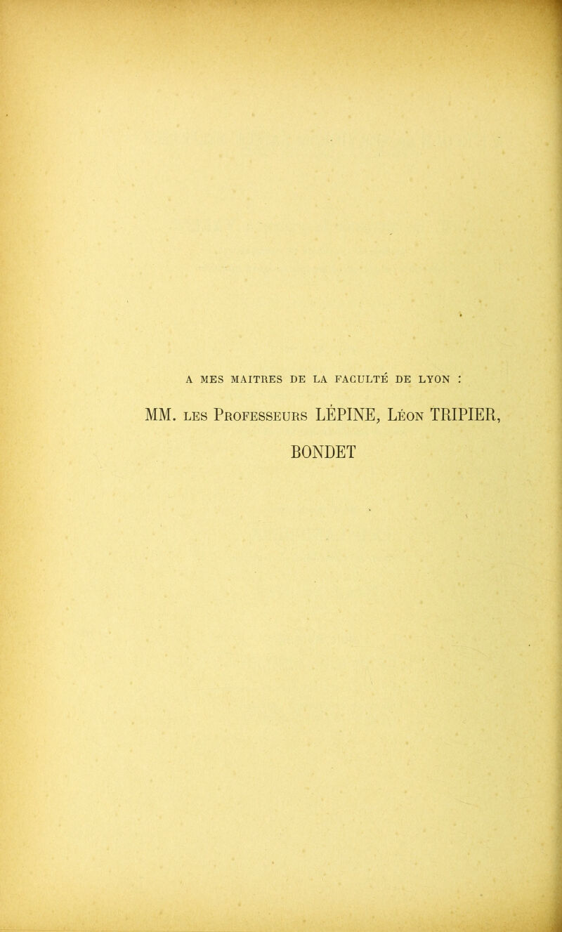 A MES MAITRES DE LA FACULTÉ DE LYON : MM. LES Professeurs LÉPINE, Léon TRIPIER, BONDET