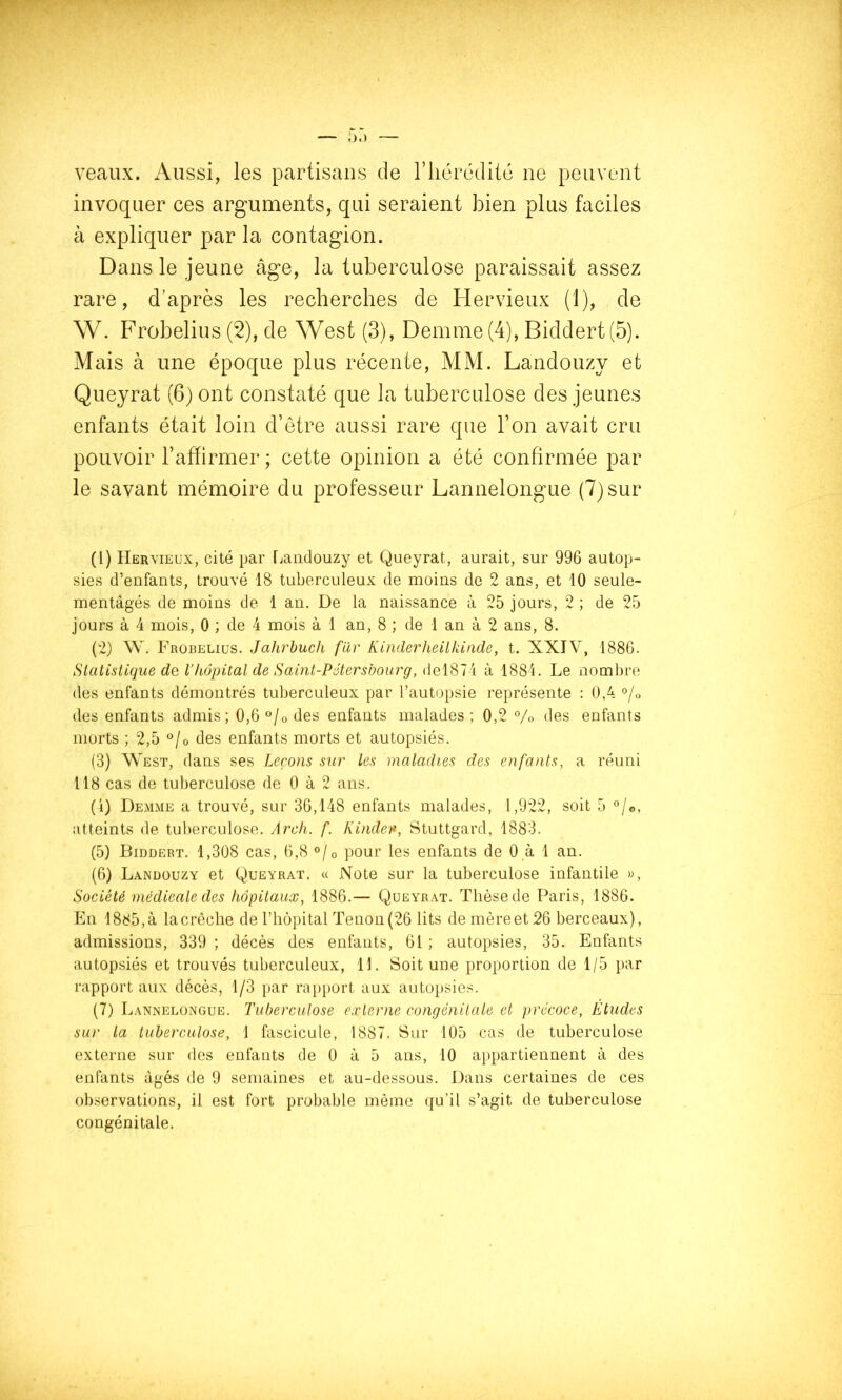 veaux. Aussi, les partisans de riiérédité ne peuvent invoquer ces arguments, qui seraient bien plus faciles à expliquer par la contagion. Dans le jeune âge, la tuberculose paraissait assez rare, d’après les recherches de Hervieux (1), de W. Frobelius (2), de West (3), Demme (4), Biddert(5). Mais à une époque plus récente, MM. Landouzy et Queyrat (6) ont constaté que la tuberculose des jeunes enfants était loin d’etre aussi rare que Ton avait cru pouvoir l’affirmer ; cette opinion a été confirmée par le savant mémoire du professeur Lannelongue (7)sur (1) IIeryieüx, cité par fjaiidouzy et Queyrat, aurait, sur 996 autop- sies d’enfants, trouvé 18 tuberculeux de moins de 2 ans, et 10 seule- mentâgés de moins de 1 an. De la naissance à 25 jours, 2 ; de 25 jours à 4 mois, 0 ; de 4 mois à 1 an, 8 ; de 1 an à 2 ans, 8. (2) \V. Frobelius. Jahrbuch f'ùr Kinderheilkinde, t. XXIV, 1886. Statistique do, l’kupital de Saint-Pétersbourg, à 1884. Le nombre des enfants démontrés tuberculeux par l’autopsie représente : 0,4 °/o des enfants admis; 0,6®/odes enfants malades; 0,2 Vo des enfants morts ; 2,5 °/o des enfants morts et autopsiés. (3) West, dans ses Leçons sur les maladies des enfants, a réuni 118 cas de tuberculose de 0 à 2 ans. (i) De.mme a trouvé, sur 36,148 enfants malades, 1,922, soit 5 °/o, atteints de tuberculose. Arch. f. Kinder, Stuttgard, 1883. (5) Biddert. 1,308 cas, 6,8 °/o pour les enfants de 0 à 1 an. (6) Landouzy et Queyrat. « Note sur la tuberculose infantile », Société mèdieale des hôpitaux, 1886.— Queyrat. Thèse de Paris, 1886. En 1885, à la crèche de l’hôpital Tenon (26 lits de mère et 26 berceaux), admissions, 339 ; décès des enfants, 61 ; autopsies, 35. Enfants autopsiés et trouvés tuberculeux, 11. Soit une proportion de 1/5 par rapport aux décès, 1/3 j)ar rapport aux autoj)sies. (7) Lannelongue. Tuberculose externe congénitale et précoce, Eludes sur ta tuberculose, 1 fascicule, 1887. Sur 105 cas de tuberculose externe sur des enfants de 0 à 5 ans, 10 aj)partiennent à des enfants âgés de 9 semaines et au-dessous. Dans certaines de ces ob.servations, il est fort probable même qu’il s’agit de tuberculose congénitale.