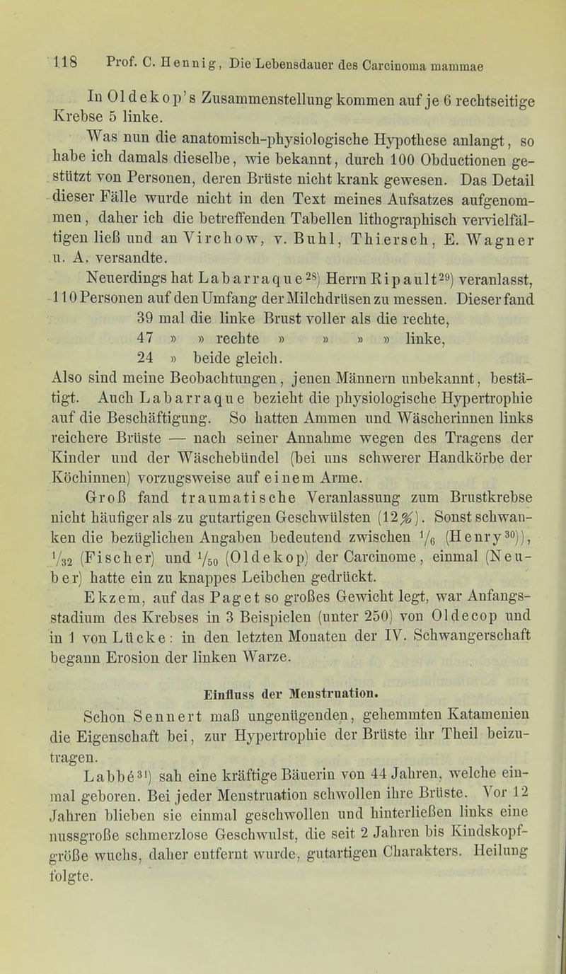 In 01 d e k 0 p ’ s Zusammenstellung kommen auf je 6 rechtseitige Krebse 5 linke. Was nun die anatomisch-physiologische Hyj)othese anlangt, so habe ich damals dieselbe, wie bekannt, durch 100 Obductionen ge- stützt von Personen, deren Brüste nicht krank gewesen. Das Detail dieser Fälle wurde nicht in den Text meines Aufsatzes aufgenom- men , daher ich die betreffenden Tabellen lithographisch vemelfäl- tigen ließ und anVirchow, v. Buhl, Thiersch, E. Wagner u. A. versandte. Neuerdings hat L a b a r r a q u e Herrn K i p a u 1120) veranlasst, 110 Personen auf den Umfang der Milchdrüsen zu messen. Dieser fand 39 mal die linke Brust voller als die rechte, 47 » » rechte » » » » linke, 24 » beide gleich. Also sind meine Beobachtungen, jenen Männern unbekannt, bestä- tigt. Auch Labarraque bezieht die physiologische Hypertrophie auf die Beschäftigung. So hatten Ammen und Wäscherinnen links reichere Brüste — nach seiner Annahme wegen des Tragens der Kinder und der Wäschebündel (bei uns schwerer Handkörbe der Köchinnen) vorzugsweise auf einem Arme. Groß fand traumatische Veranlassung zum Brustkrebse nicht häufiger als zu gutartigen Geschwülsten (12^). Sonst schwan- ken die bezüglichen Angaben bedeutend zwischen Ye (Hem'y *“))> V32 (Fischer) und Vso (Oldekop) der Carcinome, einmal (Neu- b e r) hatte ein zu knappes Leibchen gedrückt. Ekzem, auf das Paget so großes Gewicht legt, war Anfangs- stadium des Krebses in 3 Beispielen (unter 250) von Oldecop und in 1 von Lücke: in den letzten Monaten der IV. Schwangerschaft begann Erosion der linken Warze. Einfluss der Menstruation. Schon Senn ert maß ungenügenden, gehemmten Katamenien die Eigenschaft bei, zur Hypertrophie der Brüste ihr Theil beizu- tragen. Labbe3‘) sah eine kräftige Bäuerin von 44 Jahren, welche ein- mal geboren. Bei jeder Menstruation schwollen ihre Brüste. Vor 12 Jahren blieben sie einmal geschwollen und hinterließen links eine nussgroße schmerzlose Geschwulst, die seit 2 Jahren bis Kiiidskopf- größe wuchs, daher entfernt wurde, gutartigen Charakters. Heilung folgte.