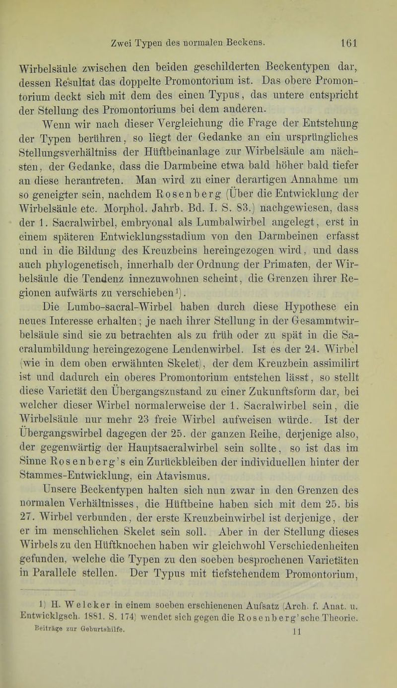 Wirbelsäule zwischen den beiden geschilderten Beckentypen dar, dessen Resultat das doppelte Promontorium ist. Das obere Promon- torium deckt sich mit dem des einen TyiDUS, das untere entspricht der Stellung des Promontoriums bei dem anderen. Wenn wir nach dieser Vergleichung die Frage der Entstehung der Typen berühren, so liegt der Gedanke an ein ursprüngliches Stellungsverhältniss der Hüftbeinanlage zur Wirbelsäule am näch- sten, der Gedanke, dass die Darmbeine etwa bald höher bald tiefer an diese heranti-eten. Man wird zu einer derartigen Annahme um so geneigter sein, nachdem Rosenberg (Über die Entwicklung der Wirbelsäule etc. Morphol. Jahrb. Bd. I. S. 83.) nachgewiesen, dass der 1. Sacralwirbel, embryonal als Lumbalwirbel angelegt, erst in einem späteren Entwicklungsstadium von den Darmbeinen erfasst und in die Bildung des Kreuzbeins hereingezogen wird, und dass auch phylogenetisch, innerhalb der Ordniing der Primaten, der Wir- belsäule die Tendenz innezuwohnen scheint, die Grenzen ihrer Re- gionen aufwärts zu verschieben *). Die Lumbo-sacral-Wirbel haben durch diese Hypothese ein neues Interesse erhalten; je nach ihrer Stellung in der Gesammtwir- belsäule sind sie zu betrachten als zu früh oder zu spät in die Sa- cralumbildung hereingezogene Lendenwirbel. Ist es der 24. Wirbel wie in dem oben erwähnten Skelet), der dem Kreuzbein assimilirt ist und dadurch ein oberes Promontorium entstehen lässt, so stellt diese Varietät den Übergangszustand zu einer Zukunftsform dar, bei welcher dieser Wirbel normalerweise der 1. Sacralwirbel sein, die Wirbelsäule nur mehr 23 freie Wirbel aufweisen würde. Ist der Übergangswirbel dagegen der 25. der ganzen Reihe, derjenige also, der gegenwärtig der Hauptsacralwirbel sein sollte, so ist das im Sinne Rosenberg’s ein Zurückbleiben der individuellen hinter der Stammes-Entwicklung, ein Atavismus. Unsere Beckentypen halten sich nun zwar in den Grenzen des normalen Verhältnisses, die Hüftbeine haben sich mit dem 25. bis 27. Wirbel verbunden, der erste Kreuzbeinwirbel ist derjenige, der er im menschlichen Skelet sein soll. Aber in der Stellung dieses Wirbels zu den Hüftknochen haben wir gleichwohl Verschiedenheiten gefunden, welche die Typen zu den soeben besprochenen Varietäten in Parallele stellen. Der Typus mit tiefstehendem Promontorium, 1) H. WeIcker in einem soeben erschienenen Aufsatz (Arch. f. Auat. u. Entwicklgscli. 18&1. S. 174) wendet sich gegen die Rosenb erg’sehe l'heorie. Beiträge znr Geburtflhilfe. 11