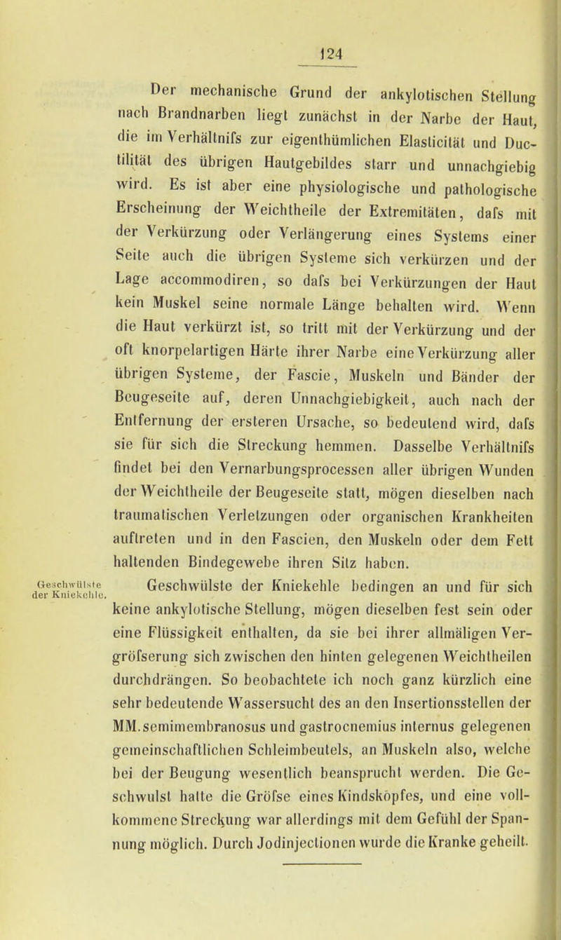 Der mechanische Grund der ankylolischen Stellung nach Brandnarben liegt zunächst in der Narbe der Haut, die im Verhältnifs zur eigenthümlichen Elaslicilät und Duc- tililät des übrigen Hautgebildes starr und unnachgiebig wird. Es ist aber eine physiologische und pathologische Erscheinung der Weichtheile der Extremitäten, dafs mit der Verkürzung oder Verlängerung eines Systems einer Seite auch die übrigen Systeme sich verkürzen und der Lage accommodiren, so dafs bei Verkürzungen der Haut kein Muskel seine normale Länge behalten wird. V^'enn die Haut verkürzt ist, so tritt mit der Verkürzung und der oft knorpelartigen Härte ihrer Narbe eine Verkürzung aller übrigen Systeme, der Fascie, Muskeln und Bänder der Beugeseite auf, deren Unnachgiebigkeit, auch nach der Entfernung der ersteren Ursache, so bedeutend wird, dafs sie für sich die Streckung hemmen. Dasselbe Verhältnifs findet bei den Vernarbungsprocessen aller übrigen Wunden der Weichtheile der Beugeseite statt, mögen dieselben nach traumalischen Verletzungen oder organischen Krankheiten auftreten und in den Fascien, den Muskeln oder dem Fett haltenden Bindegewebe ihren Silz haben. Geschwuisie Geschwülstc der Kniekehle bedingen an und für sich der KniekRiilc. ° keine ankylotische Stellung, mögen dieselben fest sein oder eine Flüssigkeit enthalten, da sie bei ihrer allmäligen Ver- gröfserung sich zwischen den hinten gelegenen Weichlheilen durchdrängen. So beobachtete ich noch ganz kürzlich eine sehr bedeutende Wassersucht des an den Insertionsstellen der MM.semimembranosus und gastrocnemius internus gelegenen gemeinschaftlichen Schleimbeutels, an Muskeln also, welche bei der Beugung wesentlich beansprucht werden. Die Ge- schwulst halte die Gröfse eines Kindskopfes, und eine voll- kommene Streckung war allerdings mit dem Gefühl der Span- nung möglich. Durch Jodinjectionen wurde die Kranke geheilt.