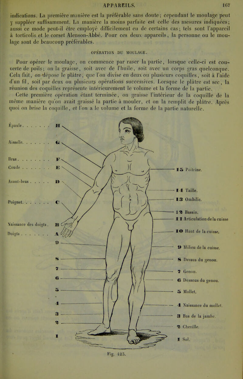 indications. La première manière est la préférable sans doute; cependant le moulage peut y suppléer suHisammcnt. La manière la moins parfaite est celle des mesures indiquées; aussi ce mode peut-il être employé difficiicnient eu de certains cas; tels sont l'appareil à torticolis et le corset Alenson-Abbé. Four ces deux appareils, la personne ou le mou- lage sont de beaucoup préférables. OPÉRATION DU MOULAdE. l'our opérer le moulage, on commence par raser la partie, lorsque celle-ci est cou- verte de poils; on la graisse, soit avec de l'huile, soit avec un corps gras quelconque. Cela lait, on rlépose le plâtre, que l'on divise en deux ou plusieurs coquilles, soit à l'aide d'un lil, soit par deux ou plusicurg opérations successives. Lorsque le plâtre est sec, la réunion des coquilles représente intérieurement le volume et la forme de la partie. Celte première opération étant terminée, on graisse l'intérieur de la coquille de la même manière qu'on avait graissé la partie à mouler, et on la remplit de plâtre. Après quoi on brise la coquille, et l'on a le volume et la forme de la partie naturelle. « rheville.