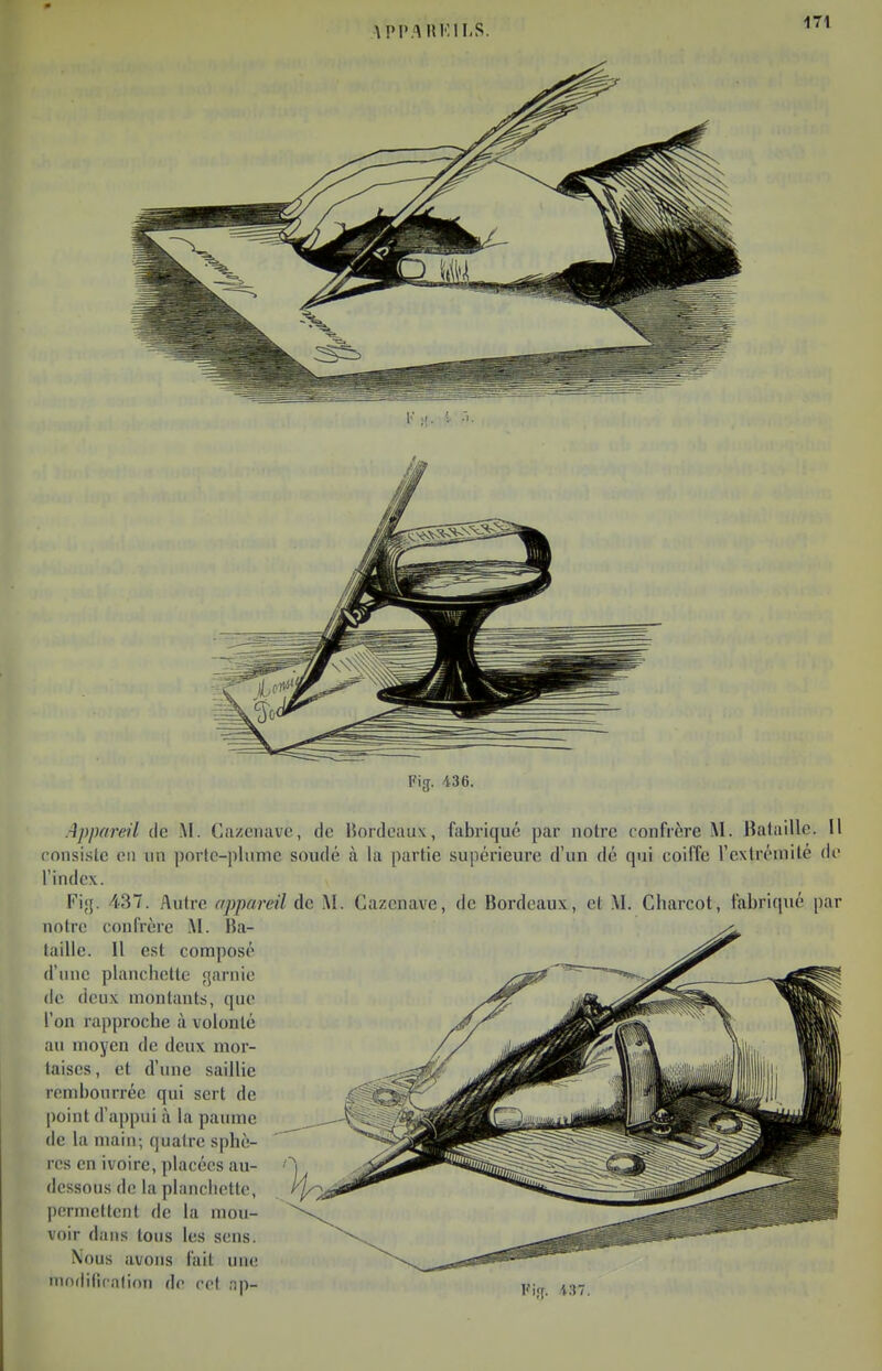 \PI'AIIK1I-S. Fig. 436. Appareil de M. Cazenave, de Hordcaux, fabriqué par notre confrère M. Bataille. 11 ronsi.stc en xin porte-plume soudé à la partie supérieure d'un dé qui coiffe l'extrémité do l'index. Fi;{. 437. Autre appareil de M. Cazenave, de Bordeaux, et M. Charcot, fabriqué par notre confrère iM. Ba- taille. 11 est composé d'une planchette garnie do deux montants, quo l'on rapproche à volonté au moyen de deux mor- taises, et d'une saillie rembourrée qui sert de point d'appui à la paume de la main; quatre S|)hè- rcs en ivoire, placées au- dessous de la planclietto, permettent de la mou- voir dans tous les sons. Nous avons fait une iiioili(icnlioii do rot np- jjjj^ 437