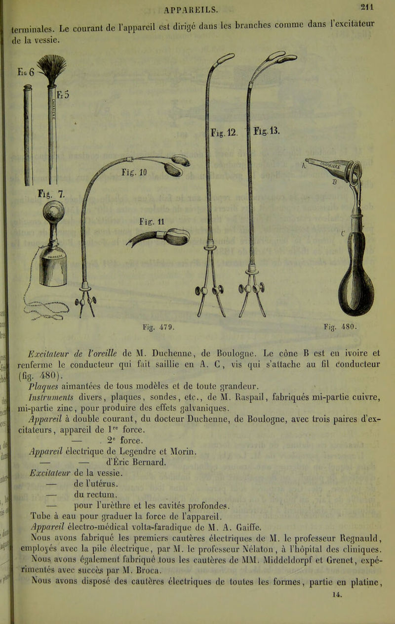 terminales. Le courant de l'appareil est dirige dans les branches comme dans l'excitateur de la vessie. Fig. 479. Fig. -480. Excitateur de l'oreille de M. Duchenne, de Boulogne. Le cône B est eu ivoire et renferme le conducteur qui fait saillie en A. C, vis qui s'attache au fll conducteur (Gg. 480). Plaques aimantées de tous modèles et de toute grandeur. Insiruinents divers, plaques, sondes, etc., de M. Raspail, fabriqués mi-partie cuivre, mi-partie zinc, pour produire des effets galvaniques. Appareil à double courant, du docteur Duchenne, de Boulogne, avec trois paires d'ex- citateurs, appareil de 1 force. — 2*= force. Appareil électrique de Legendre et Morin. — — d'Éric Bernard. Excitateur de la vessie. — de l'utérus. — du rectum. — pour l'urèlhrc et les cavités profondes. Tube à eau pour graduer la force de l'appareil. Appareil électro-médical volta-faradiquc de M. A. Gaiffc. Nous avons fabriqué les premiers cautères électriques de M. le professeur Regnauld, employés avec la pile électrique, par M. le professeur Nélatou, à l'hôpilal des cliniques. Xous avons également fabriqué .tous les cautères de MM. Middcldorpf et Grenet, expé- timentés avec succès par M. Broca. Nous avons disposé des cautères électriques de toutes les formes, partie en platine, 14.