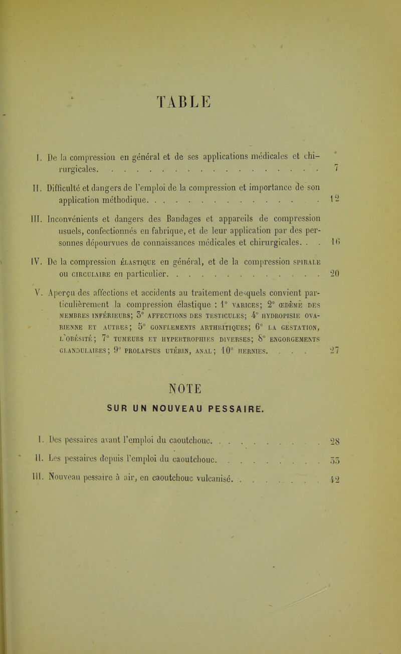 TABLE Do l;i compression en général et de ses applications médicales et chi- l'urgicales 7 Difficulté et dangers de rpmjiloi de la compression et importance de son application méthodique . 1î! Inconvénients et dangers des Bandages et appareils de compression usuels, confectionnés en fabrique, et de leur application par des per- sonnes dépourvues de connaissances médicales et chirurgicales. . H De la compression élastique en général, et de la compression spirale ou CIRCULAIRE cn particulier 20 Aperçu des affections et accidents au traitement desquels convient par- ticulièrement la compression élastique : 1° varices; 2° œdème des MEMBRES inférieurs; 3° AFFECTIONS DES TESTICULES; i° IIYDROPISIE OVA- RIENNE ET autres; 5° GONFLEMENTS ARTHRITIQUES; 6° LA GESTATION, l'obésité; 7° TUMEURS ET IlYPEliTROPUIKS DIVERSES; 8° ENGORGEMENTS GI.ANOUI.AIDES ; 9 PROLAPSUS UTÉRIN, ANAL ; 10° HERNIES. ... 2 NOTE SUR UN NOUVEAU PESSAIRE. Des pessaircs avant l'emploi du caoutchouc .5! Los pessaircs depuis l'emploi du caoutchouc ,i; Nouveau pessairc à air, en caoutchouc vulcanisé