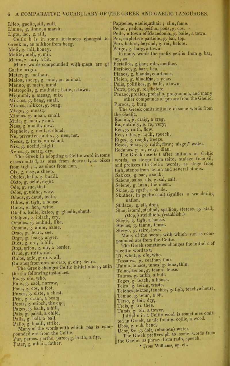 Lileo, gaelic^aill, will. Linine, g. linne, a marsh. Lipto, lao, g. aill, Celtic b is ii\ some instances changed jto Greek m, as mikkosfrom beag. Meli, g. mil, honey, Melite, meli, g. mil. Meiro, g. mir, a bit. Many words compounded wifh ineta ajre Gaelic origin. Meter, g. mathair. Melon, sheep, g. mial, an animal. Menuo, g. mein,mind. Metropolis, g. mathair; baile, a town. Mignumi, g. measg, mix. Mikkos, g. beag, small. Mikros, mikkos, g. beag. Misgo, g. mcasg. Minnos, g. mean, small. Mule, g. meil, grind. Neos, g. nuadh, new. Nephele, g. neul, a cloud. Ne, privative prefix, g. neo, not. Nesos, g. innls, an island. Nix, g. nochd, night. Xeros, g. searg, dry. The Greek in adopting a Celtic word in some cases omits d, as oras from dearc; t, as oikos from tigh; 1, as oinos from liou. ■« Ois, g. oisg, a sheep. Obelos, hallo, g. buaill, Okto, g. ochd, eight. Ode, g. sud,that. Odos, g. uidhe, way. Odous, g. deud, tooth, Oikos, g. tigh, a house, Oinos, g. lion, wine, Okello, kello, kaleo, g, glaodh, shout. Ololuzo, g. iolach, cry. Omalos, g. amhuil, like. Onoma, g. ainm, name. Orao, g. dearc, see. Drge, g. fearg, anger. Dros, g. ord, a hill. Pros, prion, g. oir, a border. Druo, g. ruith, ruu^ PuIqs, oulojg. uile, all. Puranos frpm oros or orao, g. oiv; dearc. The Greek changes Celtic initial c to p, as in the gix following instances, 'a, g. c'Bj who. ; r'ule, g. caql, narrow. ■ ^ous, g. cos, a fflot. 'uxos, g. ciste, a chest. ■'rin, g. crann, a beam. : 'eras, g. crioch, the ei}d. ^I'agos, g. bach, a hill. : *ais, g. paisd, a child. Palla, g. ball, a ball, Pallo, g. buaill, strike. Many of the words with which pas is cpm- pounded are from the Celtic, Vur, paroos, pertho, puroo, g. brath, a fire. yater, g. athair, father. Pa^rpclos, gaclic,athair ; cliu, fame. Pedao, pedon, peitho, pous, g. cos. - Pelle, a town of Macedonia, g. baile, a town. Per, expletive particle, g. bar, top. Peri, before, beyond, g, roi, before. Perge, g, burg, a town. In many words the prefix peri is from g, bar, top, as Periallos, g.ljar; eile, another, Peribioo, g. bar; beo. Pianos, g. blanda, courteous, Pleion, g. bliadhUa, a year. Pfllis, politikos, g, baile, a town, iPorro, pro, g, roi, before, Proago, proales, proballo, program ma, and many other compounds of pro are from the Gaelic, Purgos, g. burg. The Greek omits initial c in some words from the Gaelic, Rachia, g. craig, a crag. Ka, entirely, g. ro, very, Reo, g, ruith, flow, Reo, retor, g. radh, speech, ^igos, g, reogh, freeze, Resos, re-sos, g. ruith,flow; uisge,' water. Rodanos, g. ro, very, dian. The Greek inserts t after initial s in CeHfC words, as stergo from scire, stalazo from sit and prefixes t to Celtic words, as stege from tigh, stenos from teann and several others. Sakkos, g. sac, a sack. Saleno, salos, als, g, sal, salt. Selene, g. luan, the moon, Skiao, g. sgath, a shade, . Skuthes, in gaelic scuit signifies a wandenijg nation, ^falazo, g, sil, drop. Stao, istemi,stadion, spadiqn^ stereos, g. ?tad, (stop,) steidhich, (estaWish-) Stege, g. tigh, a house. Stenos, g. teann, tense. Stergo, g. seirc, love. Many pf the words with which sun is com- pounded are from the Celtic, p The Greek sometimes changes the initial c ot a Celtic word to t. Ti, what, g. c'.e, who. Tcssares, g. ceathar, four. Tainia, tanaos, tunos, g. tana, thin. Teino, tenon, g. teann, tense. Tauros, g. tarbh, a bull. Tegos, g. teach, a house, Teiro, g. teirig, waste, Teichos,tekton,teuchos, g. tigh, teach, a house. Temno, g, teum, a bit, Terso, g, toir, dry,, Treis, g. tri, thee. Tursis, g. tur. a tower, . Initial c in'a Celtic word is sometimes omit- ted in Greek, as ule from g, coille, a wood. Ubos, g, cub, bend, Udor &c. g. doir, (obsolete) water. The Greek prefixes ph to some words irom the Gaelic, as phrazofrom radh, speech, • prom Williams, op. cit.